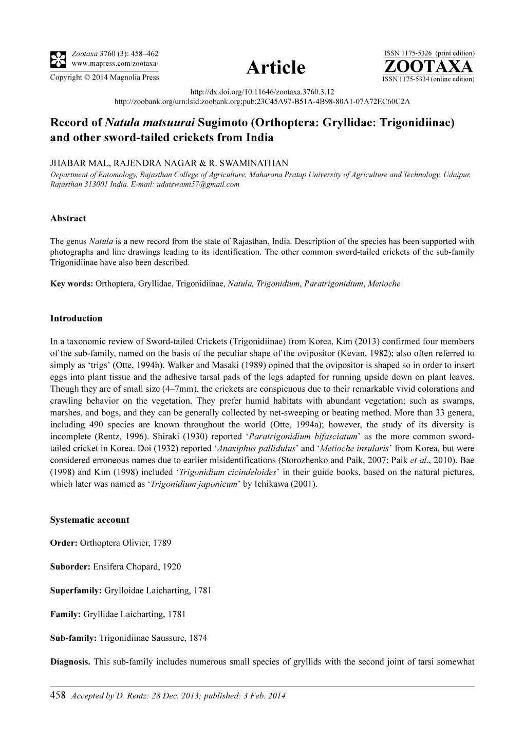 Record of Natula Matsuurai Sugimoto (Orthoptera: Gryllidae: Trigonidiinae) and Other Sword-Tailed Crickets from India