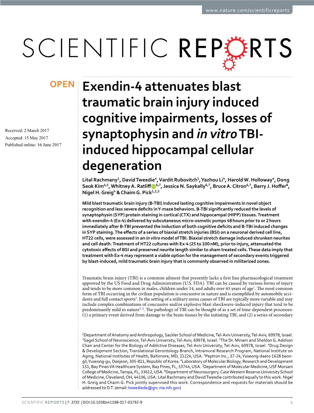 Exendin-4 Attenuates Blast Traumatic Brain Injury Induced Cognitive