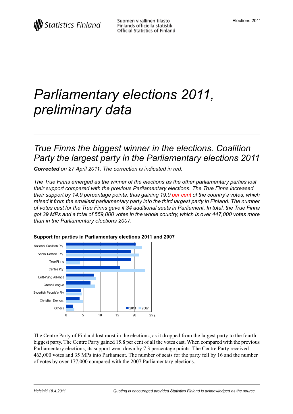 Parliamentary Elections 2011, Preliminary Data