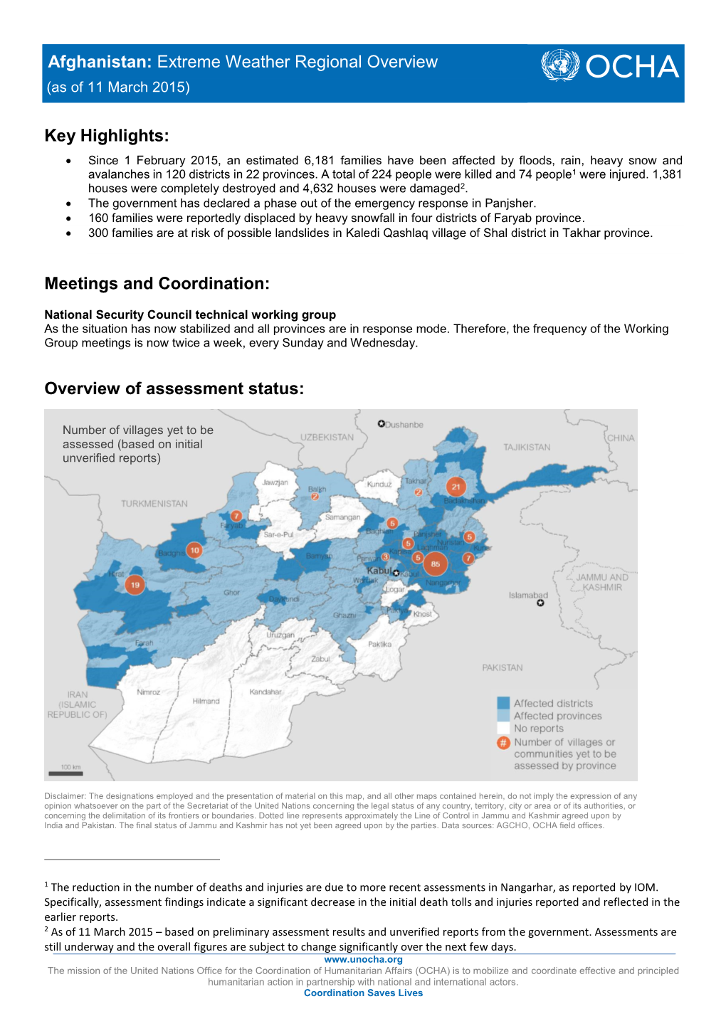 Afghanistan: Extreme Weather Regional Overview (As of 11 March 2015)