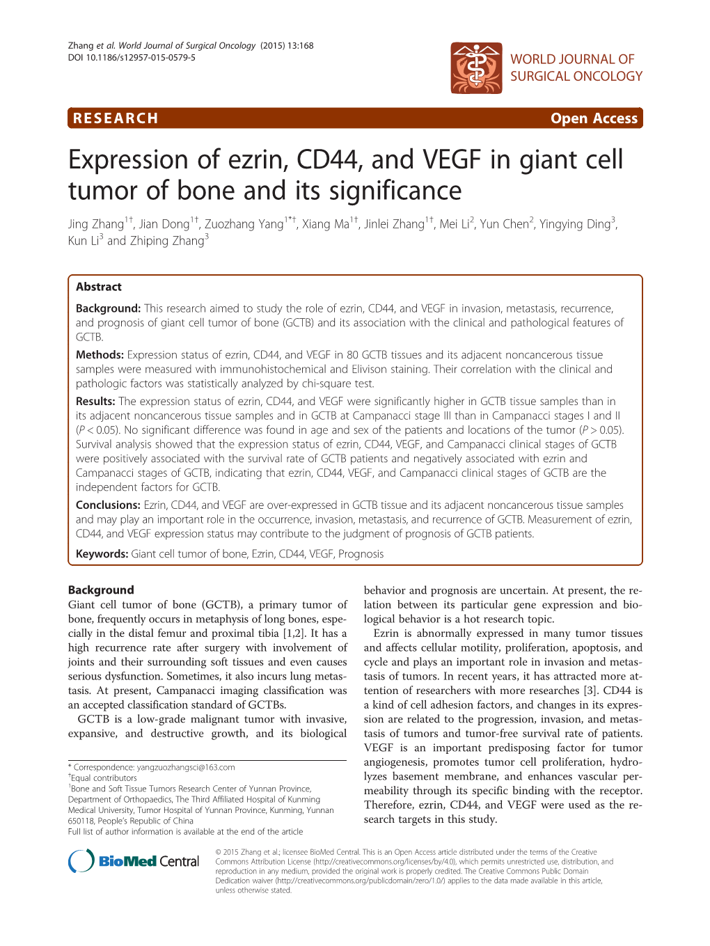 Expression of Ezrin, CD44, and VEGF in Giant Cell Tumor of Bone and Its