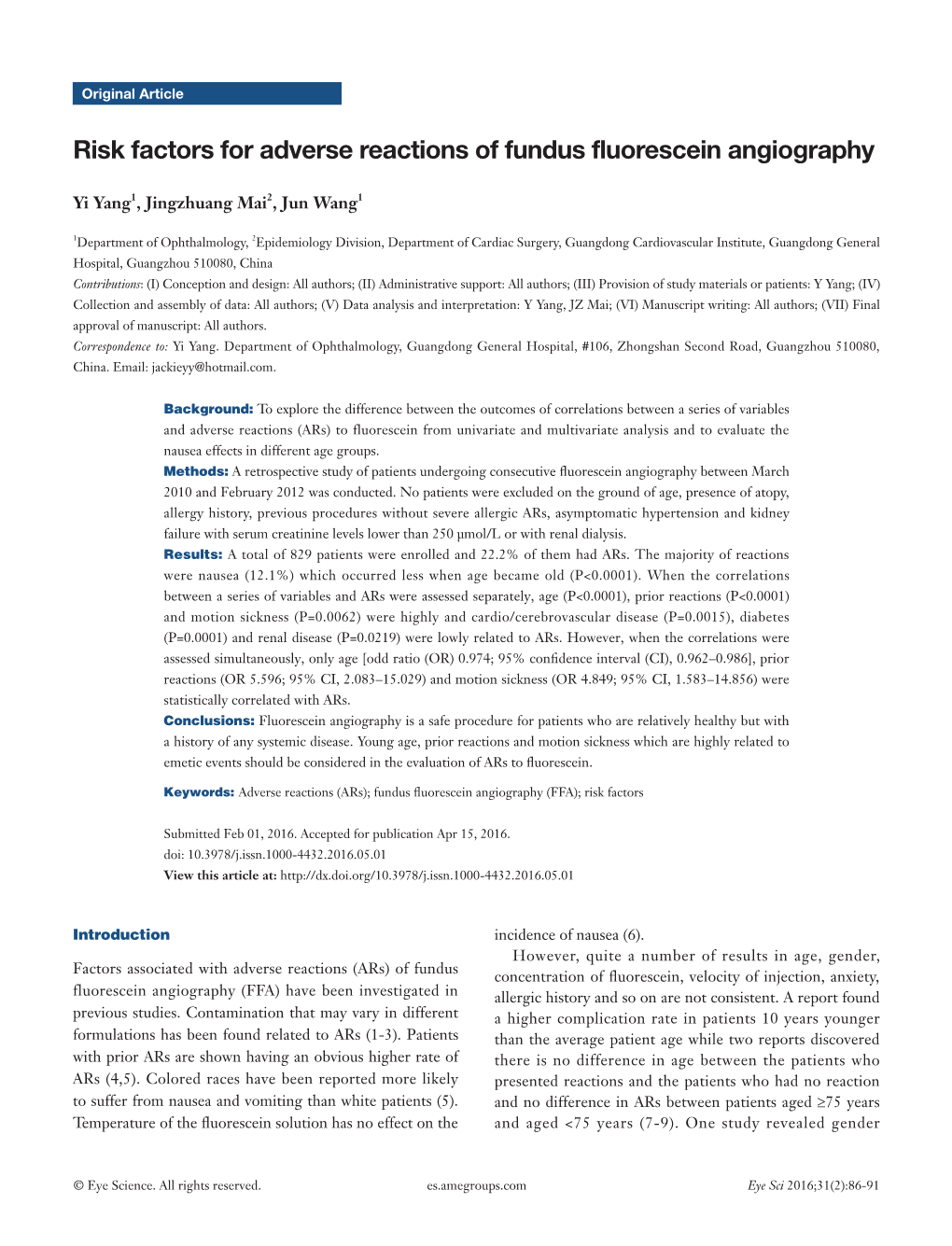 Risk Factors for Adverse Reactions of Fundus Fluorescein Angiography