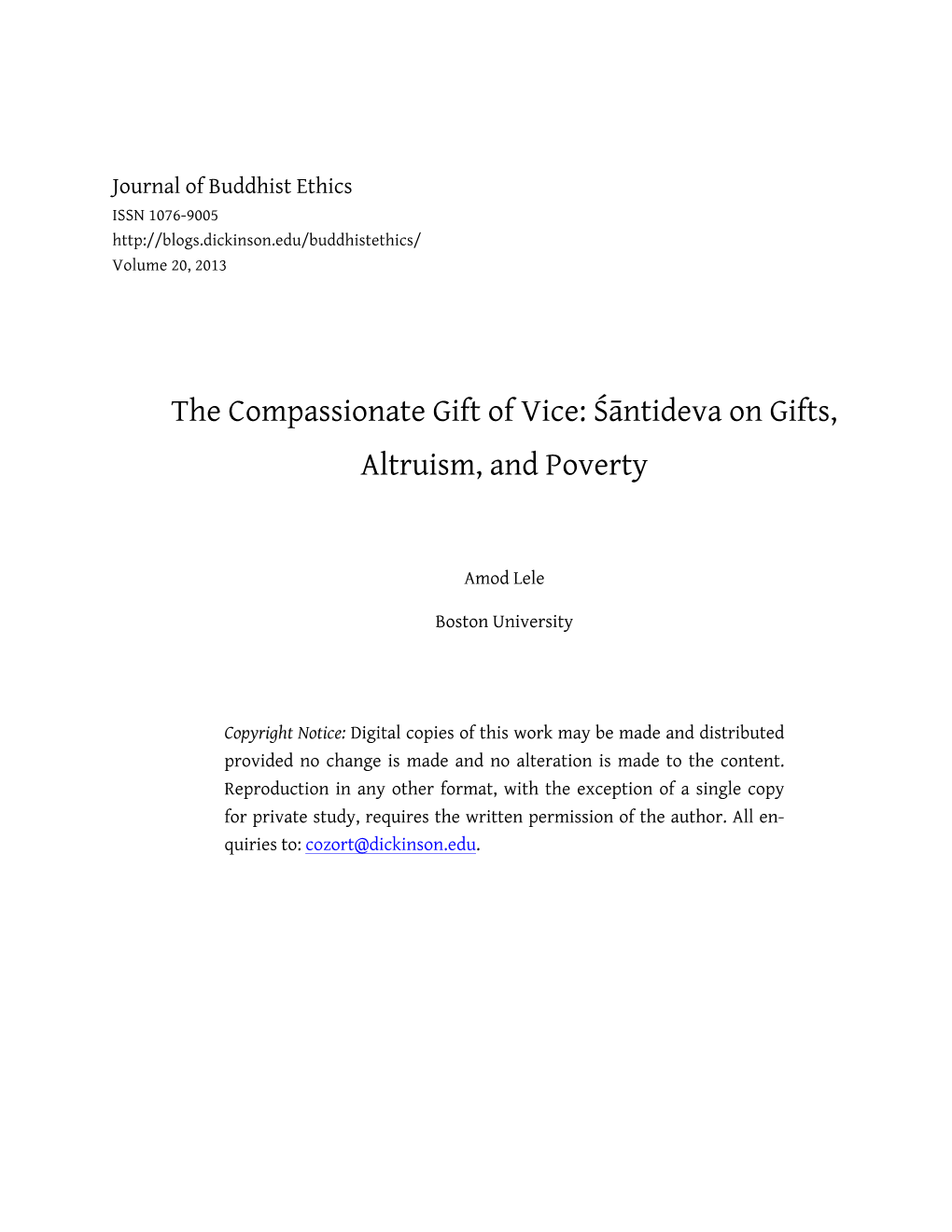 The Compassionate Gift of Vice: Śāntideva on Gifts, Altruism, and Poverty