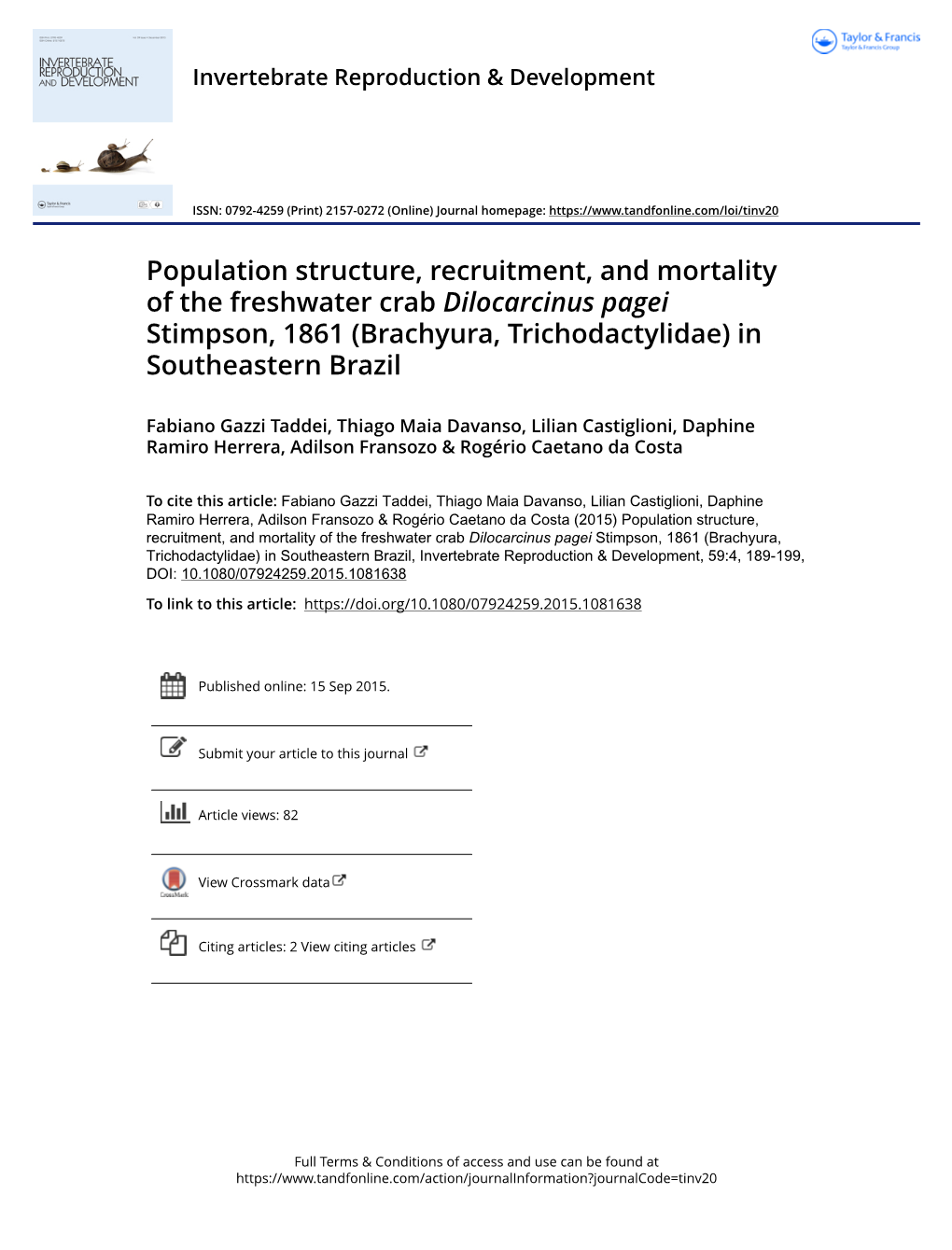 Population Structure, Recruitment, and Mortality of the Freshwater Crab Dilocarcinus Pagei Stimpson, 1861 (Brachyura, Trichodactylidae) in Southeastern Brazil