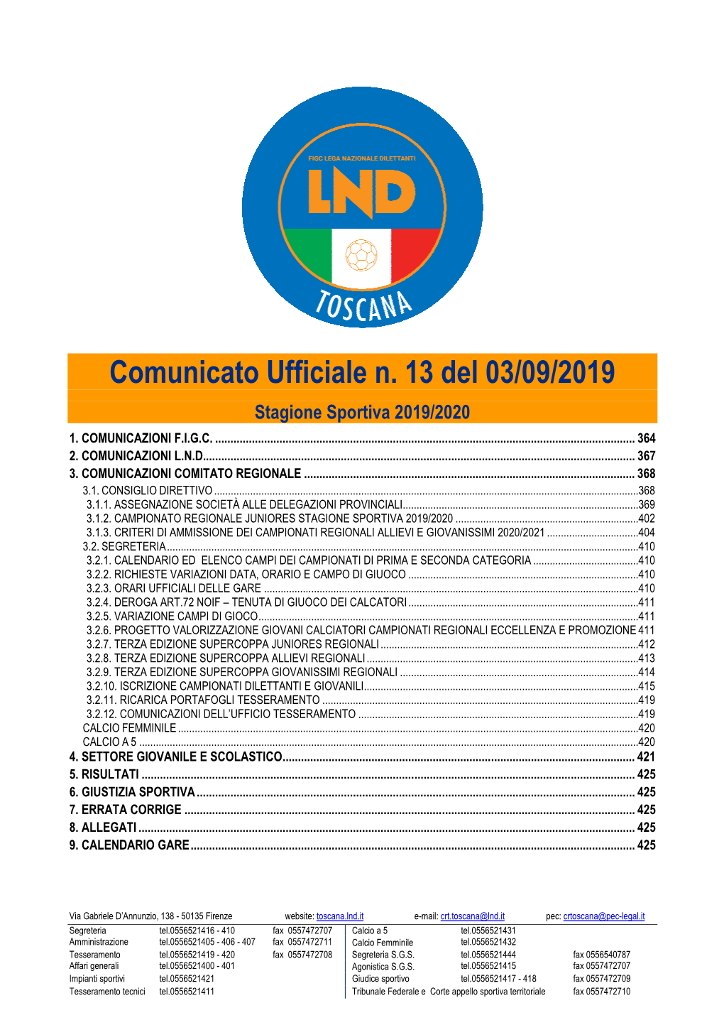 Comunicato Ufficiale N. 13 Del 03/09/2019