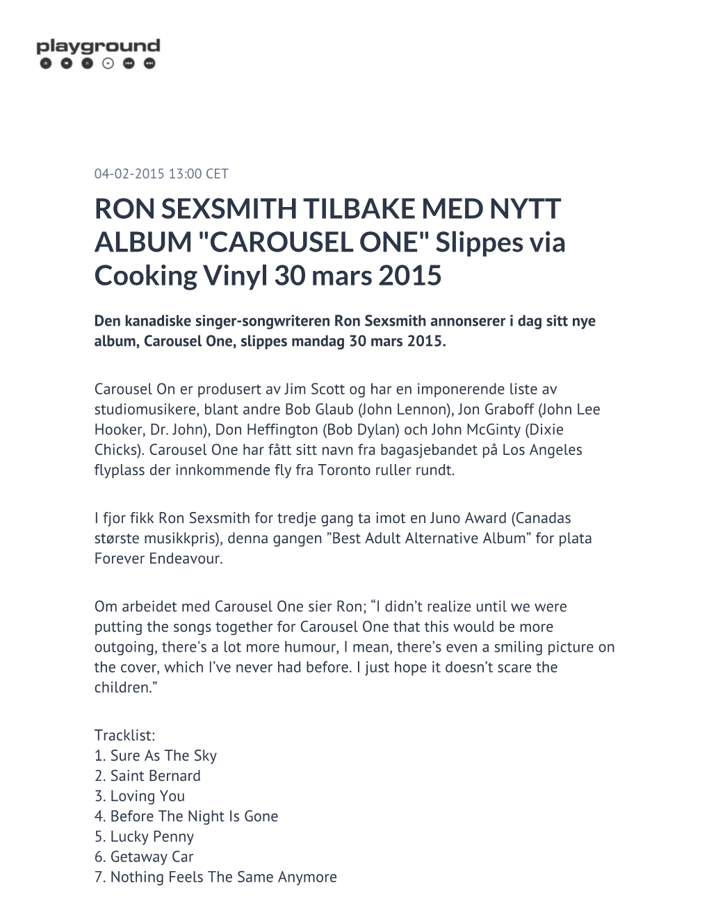 RON SEXSMITH TILBAKE MED NYTT ALBUM "CAROUSEL ONE" Slippes Via Cooking Vinyl 30 Mars 2015