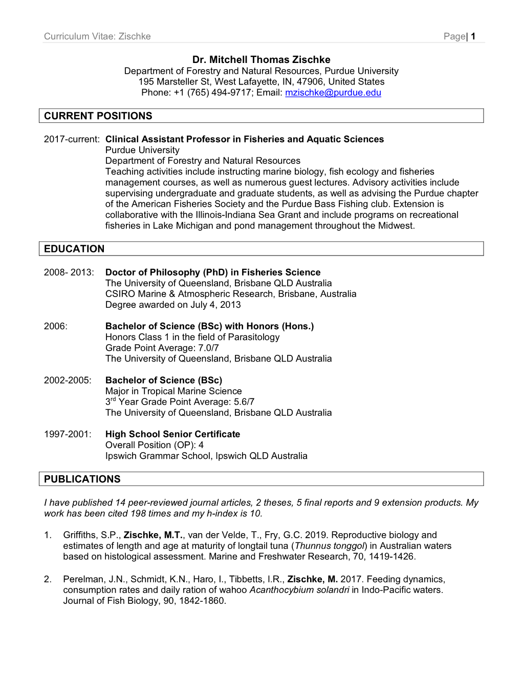 Curriculum Vitae: Zischke Page| 1