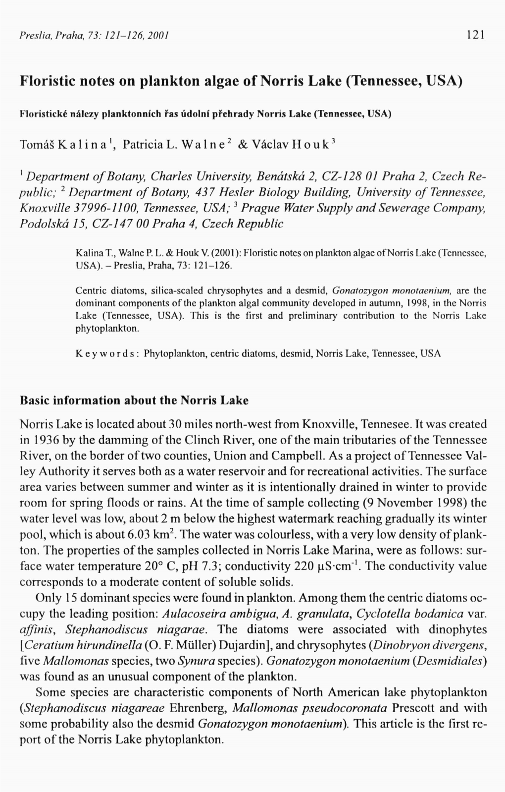 Floristic Notes on Plankton Algae of Norris Lake (Tennessee, USA)