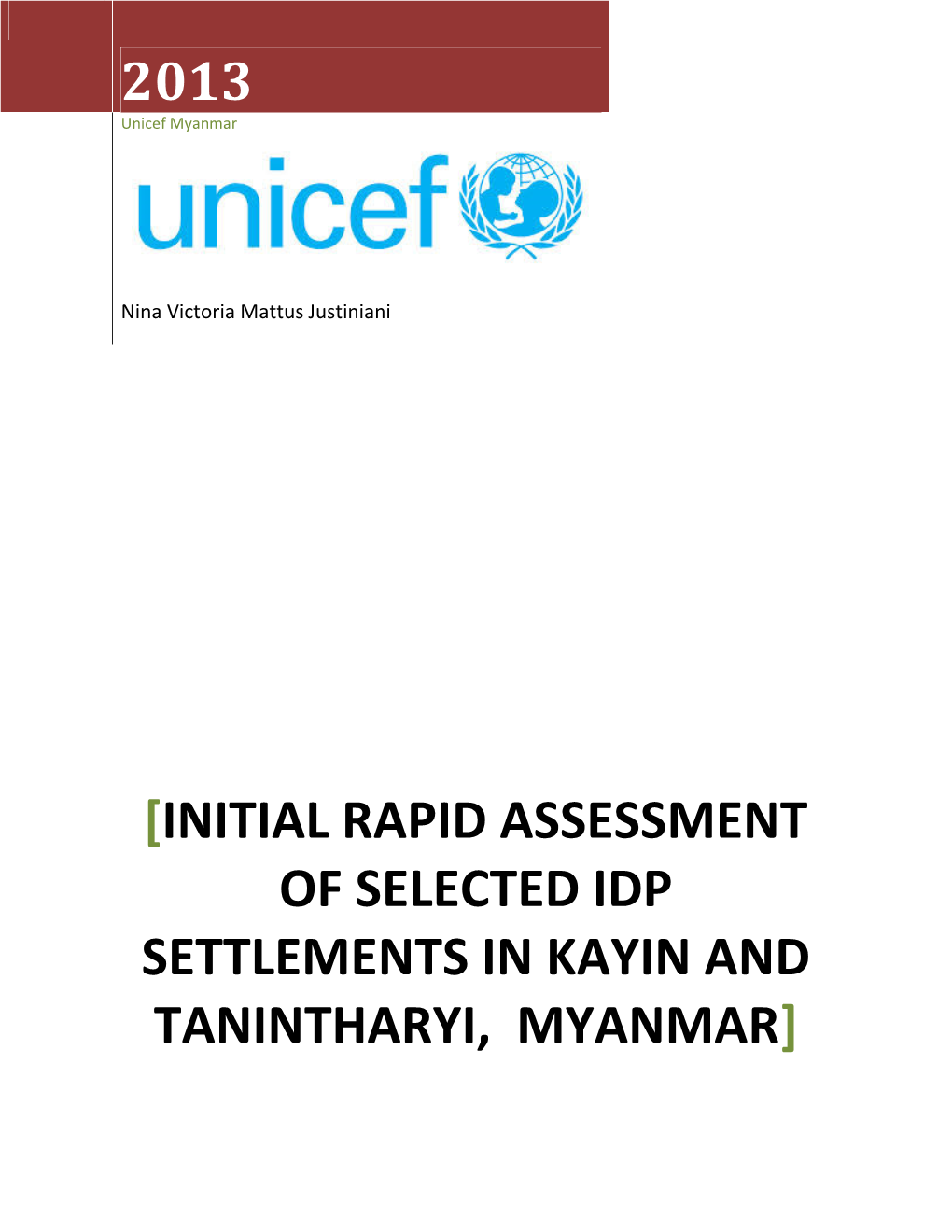 Initial Rapid Assessment of Selected Idp Settlements in Kayin and Tanintharyi, Myanmar