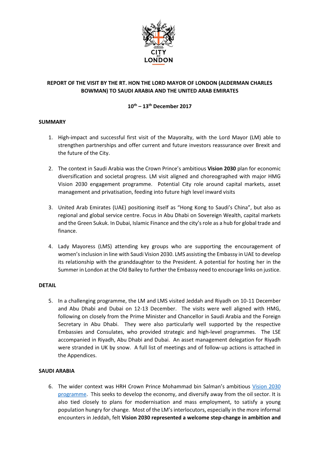 Report of the Visit by the Rt. Hon the Lord Mayor of London (Alderman Charles Bowman) to Saudi Arabia and the United Arab Emirates