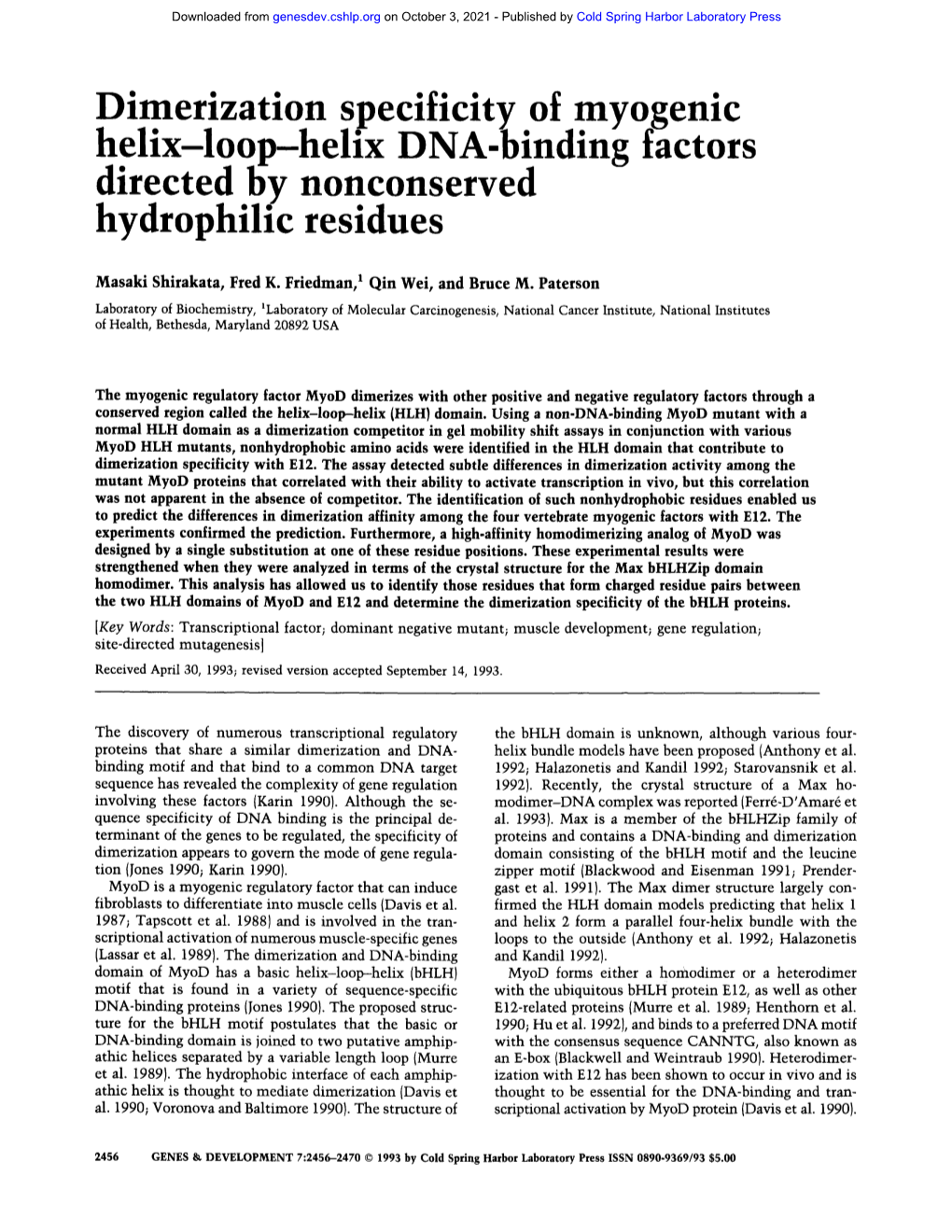 Dimerization Specificity of Myogenic Helix-Loop-Helix DNA-Binding Factors Directed by Nonconserved Hydrophilic Residues