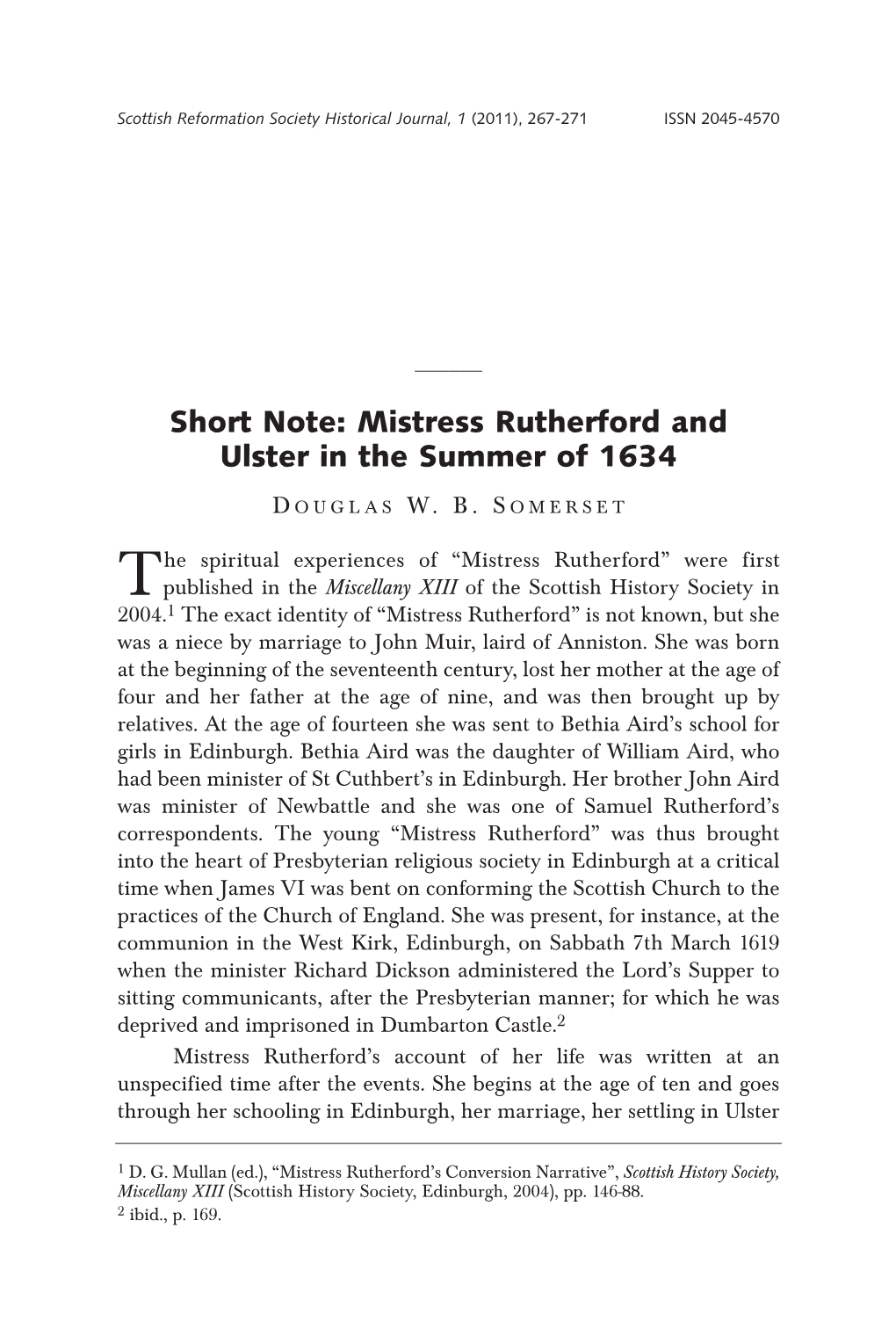 Short Note: Mistress Rutherford and Ulster in the Summer of 1634