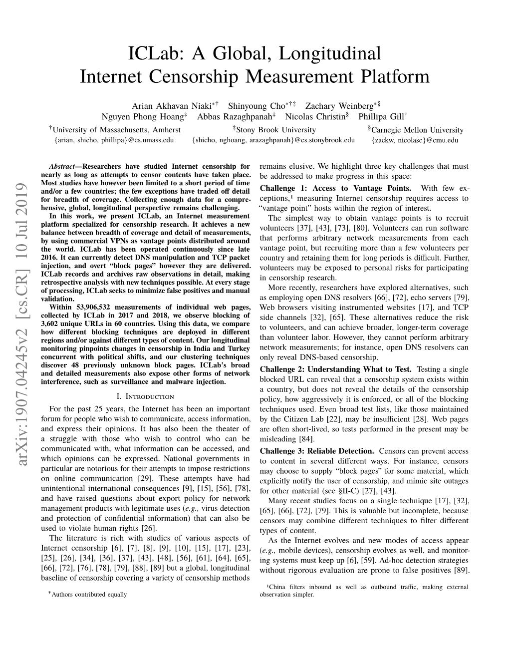 Iclab: a Global, Longitudinal Internet Censorship Measurement Platform