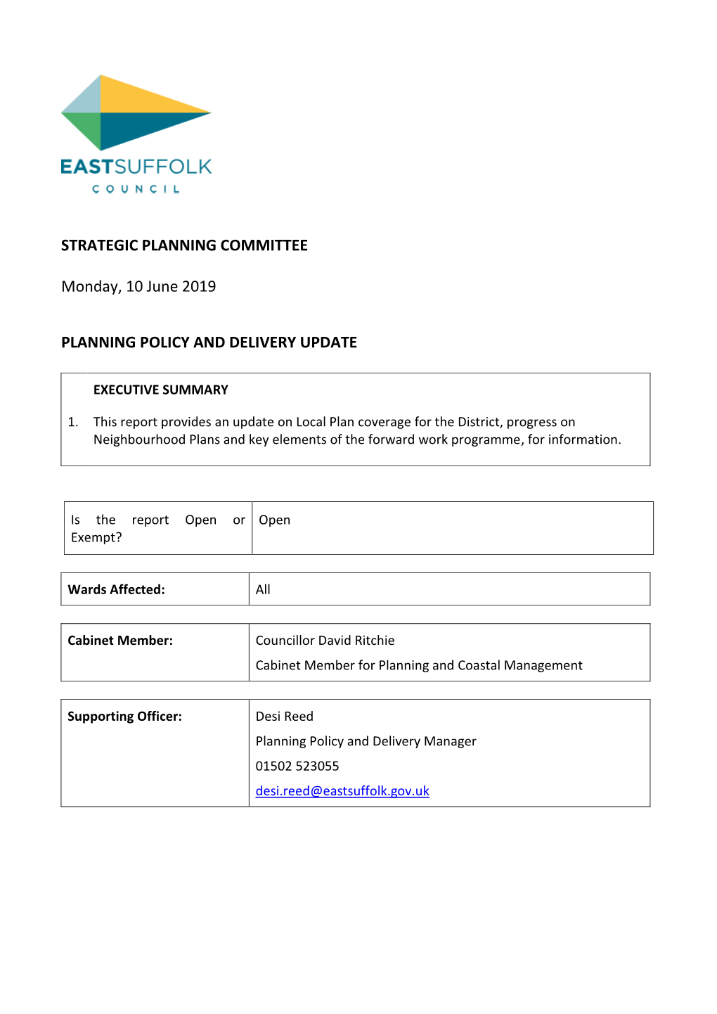 STRATEGIC PLANNING COMMITTEE Monday, 10 June 2019 PLANNING