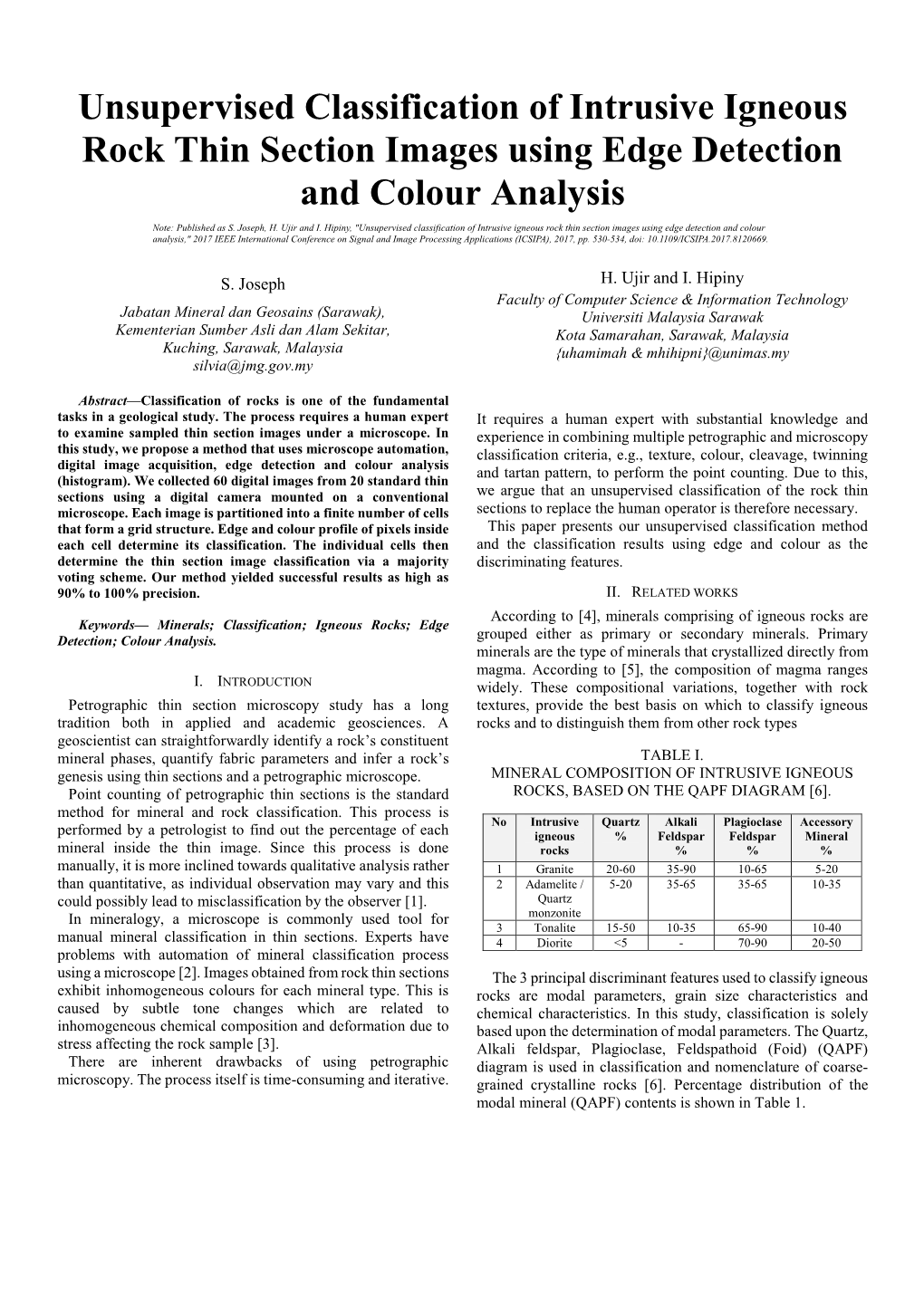 Unsupervised Classification of Intrusive Igneous Rock Thin Section Images Using Edge Detection and Colour Analysis Note: Published As S