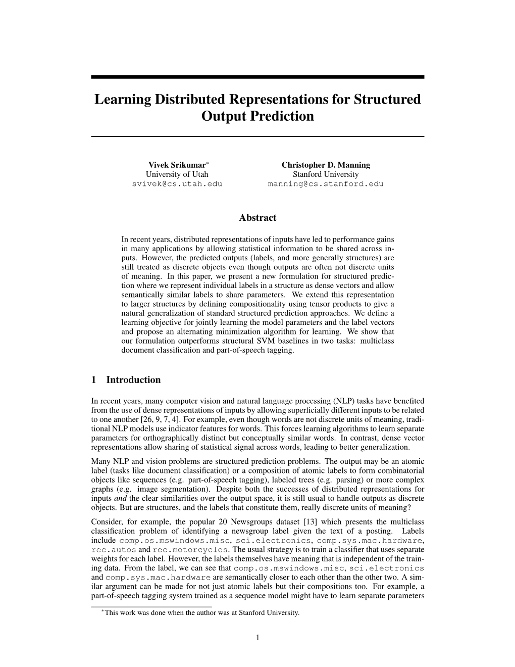 Learning Distributed Representations for Structured Output Prediction