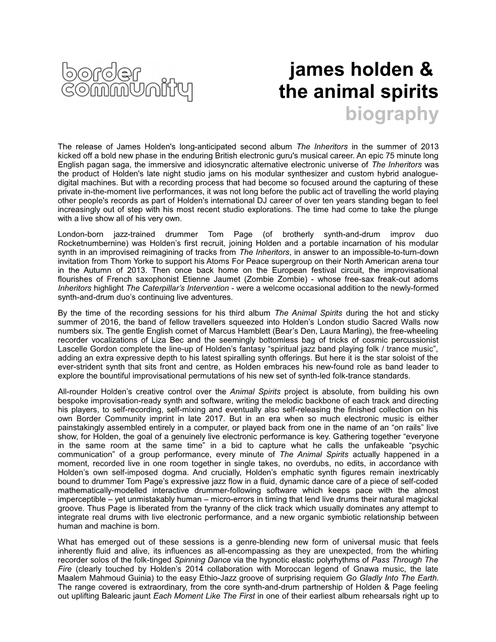 James Holden & the Animal Spirits Biography