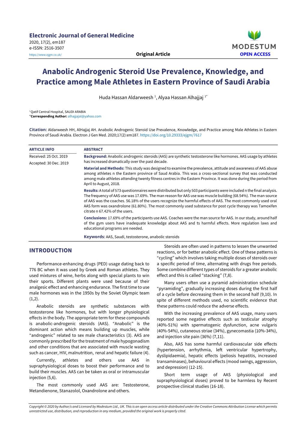 Anabolic Androgenic Steroid Use Prevalence, Knowledge, and Practice Among Male Athletes in Eastern Province of Saudi Arabia