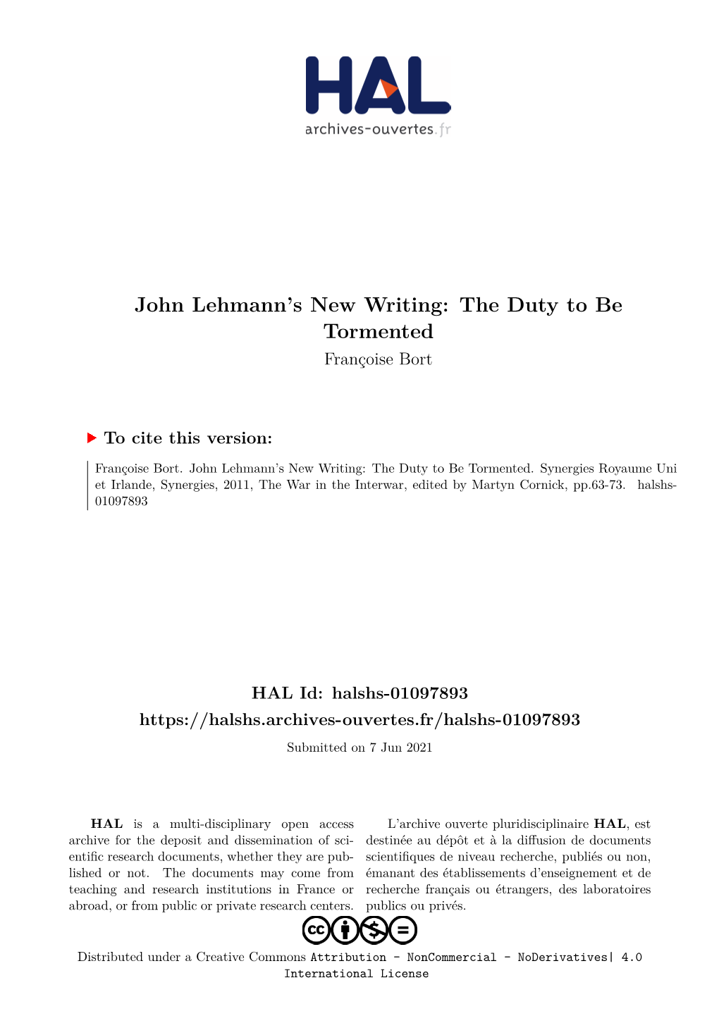 John Lehmann's New Writing: the Duty to Be Tormented