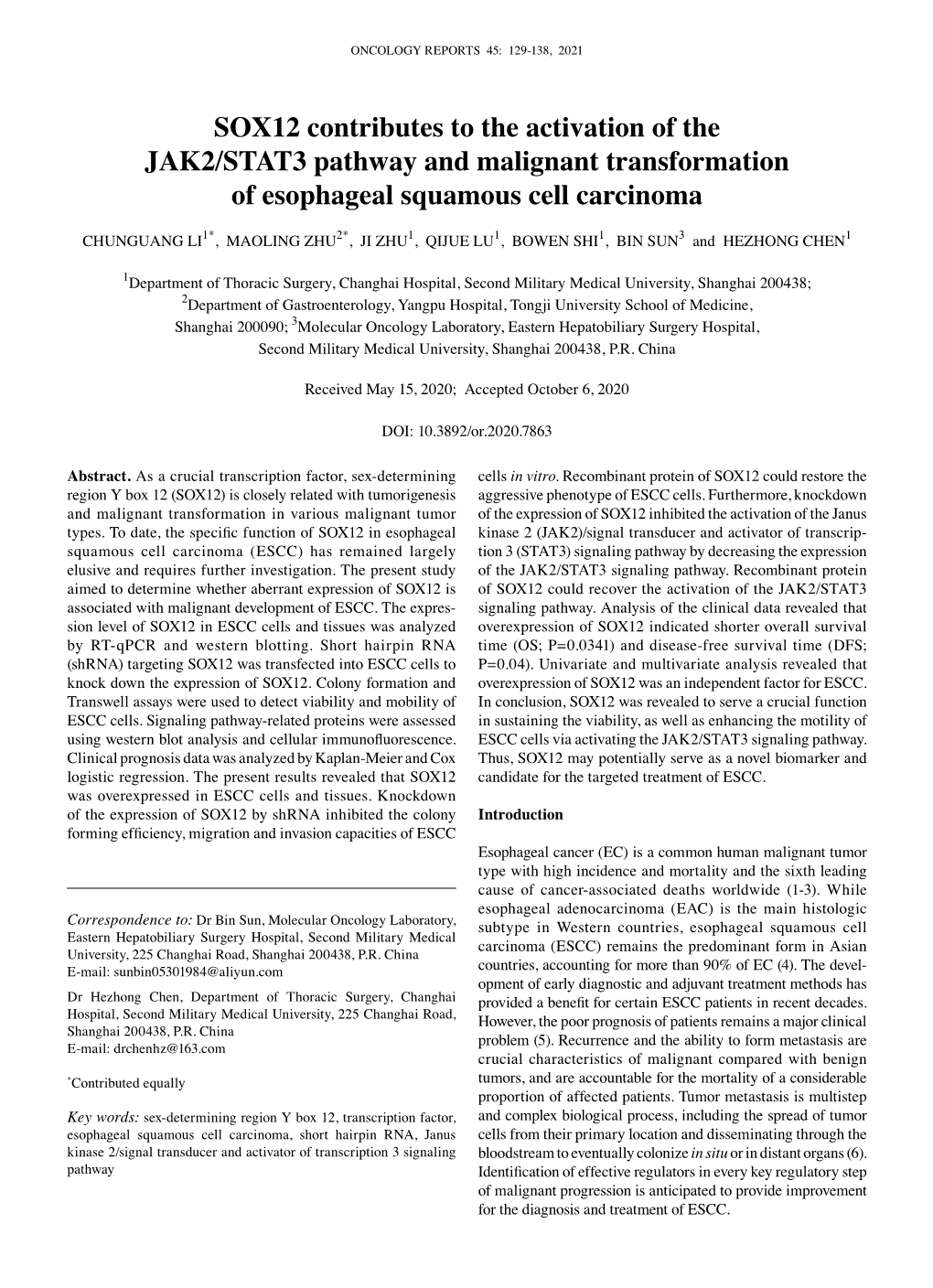 SOX12 Contributes to the Activation of the JAK2/STAT3 Pathway and Malignant Transformation of Esophageal Squamous Cell Carcinoma