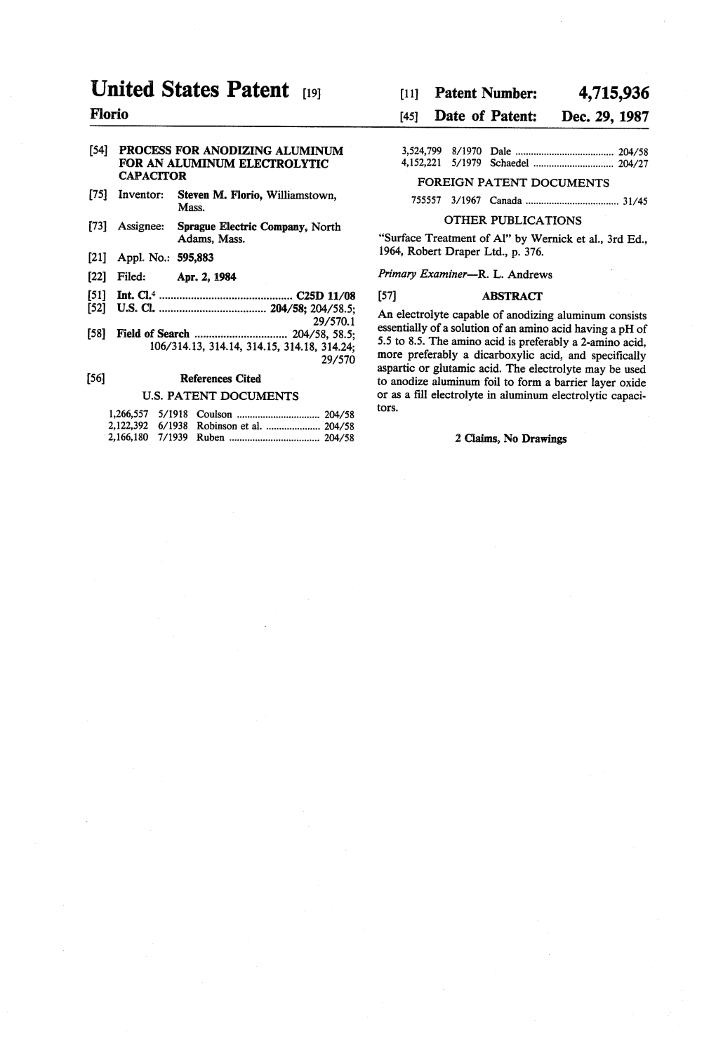 United States Patent (19) 11 Patent Number: 4,715,936 Florio 45 Date of Patent: Dec