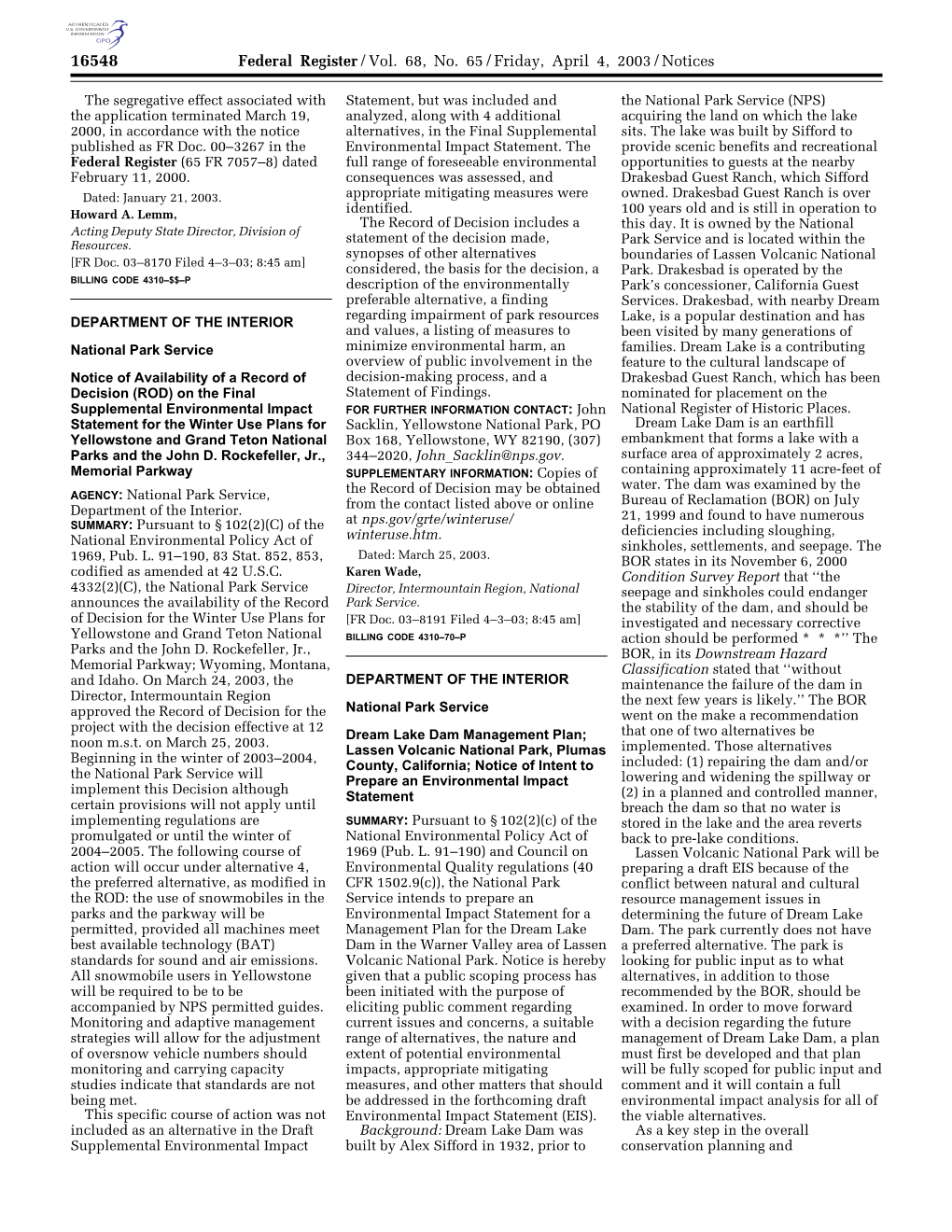 Federal Register/Vol. 68, No. 65/Friday, April 4, 2003/Notices