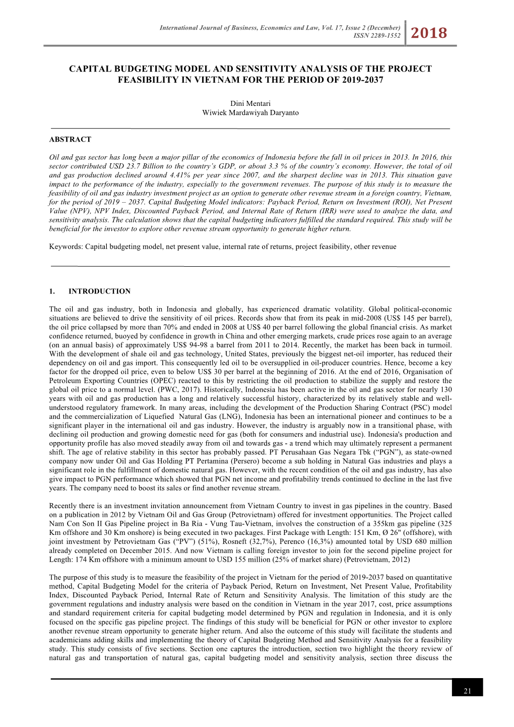 Capital Budgeting Model and Sensitivity Analysis of the Project Feasibility in Vietnam for the Period of 2019-2037