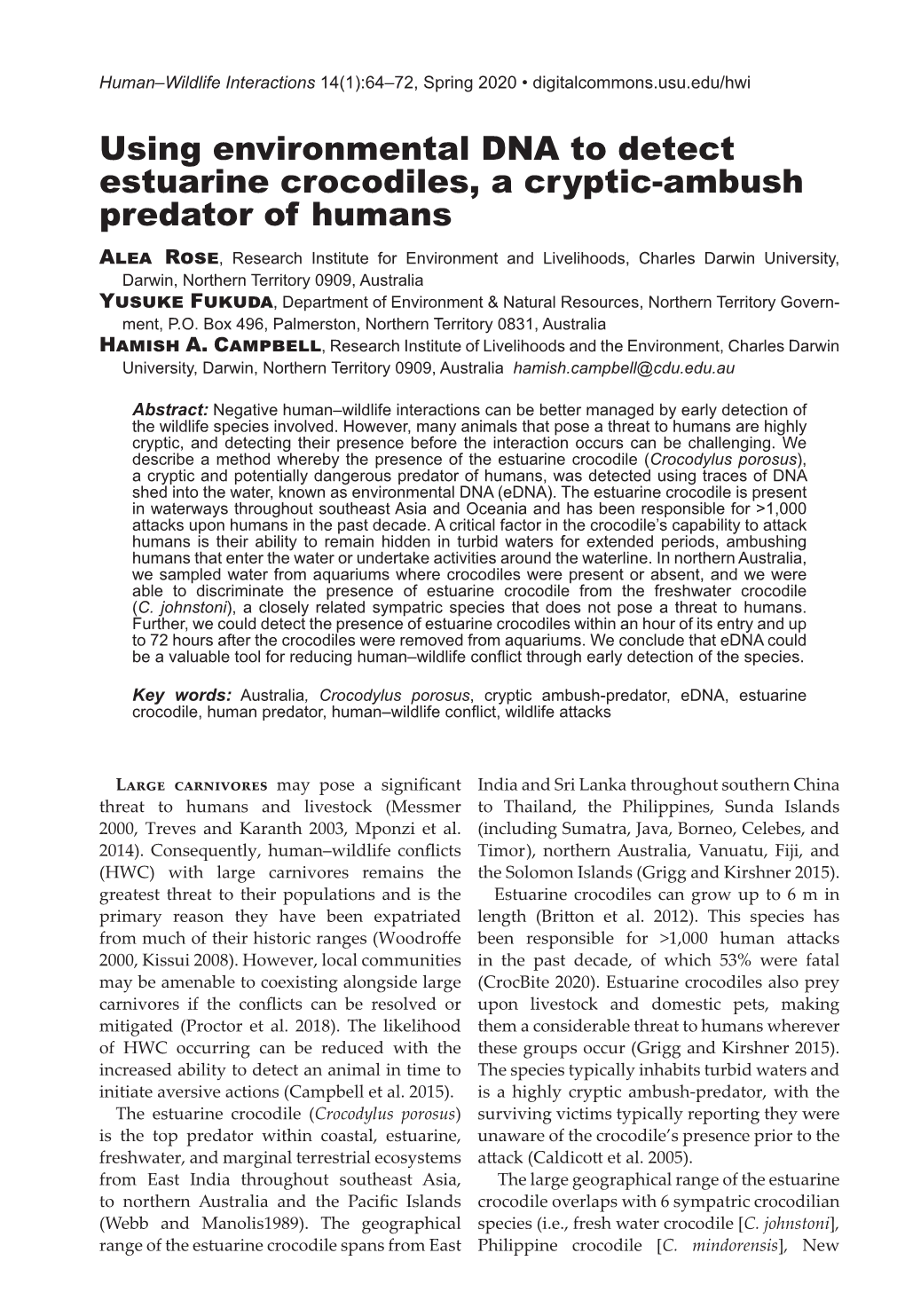 Using Environmental DNA to Detect Estuarine Crocodiles, a Cryptic