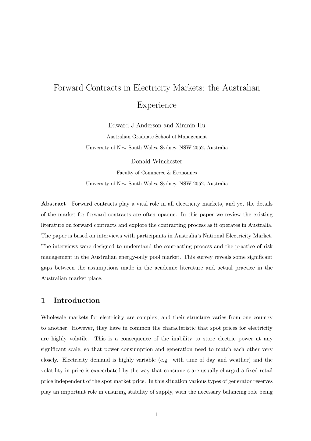 Forward Contracts in Electricity Markets: the Australian Experience