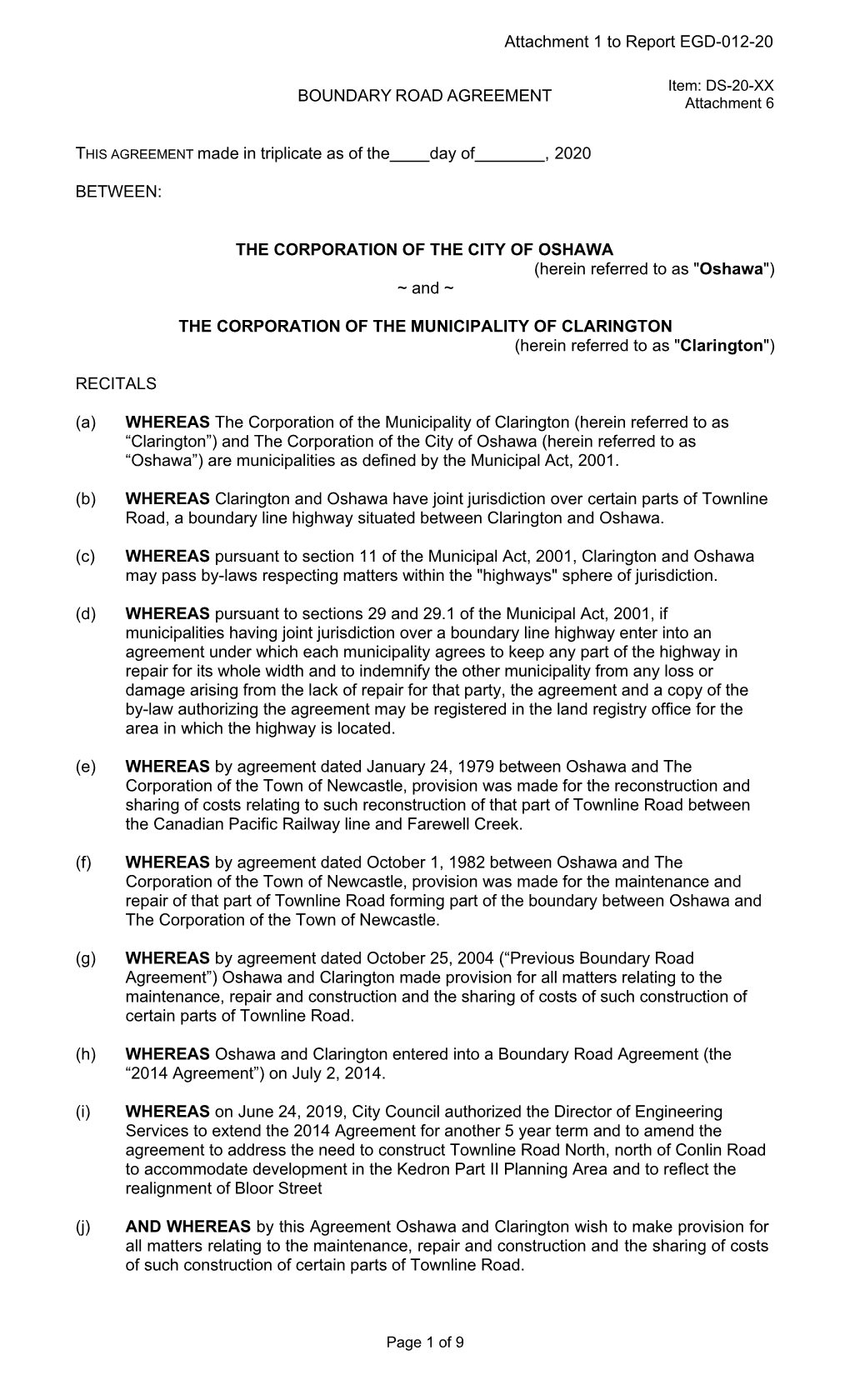 Clarington Boundary Road Agreement