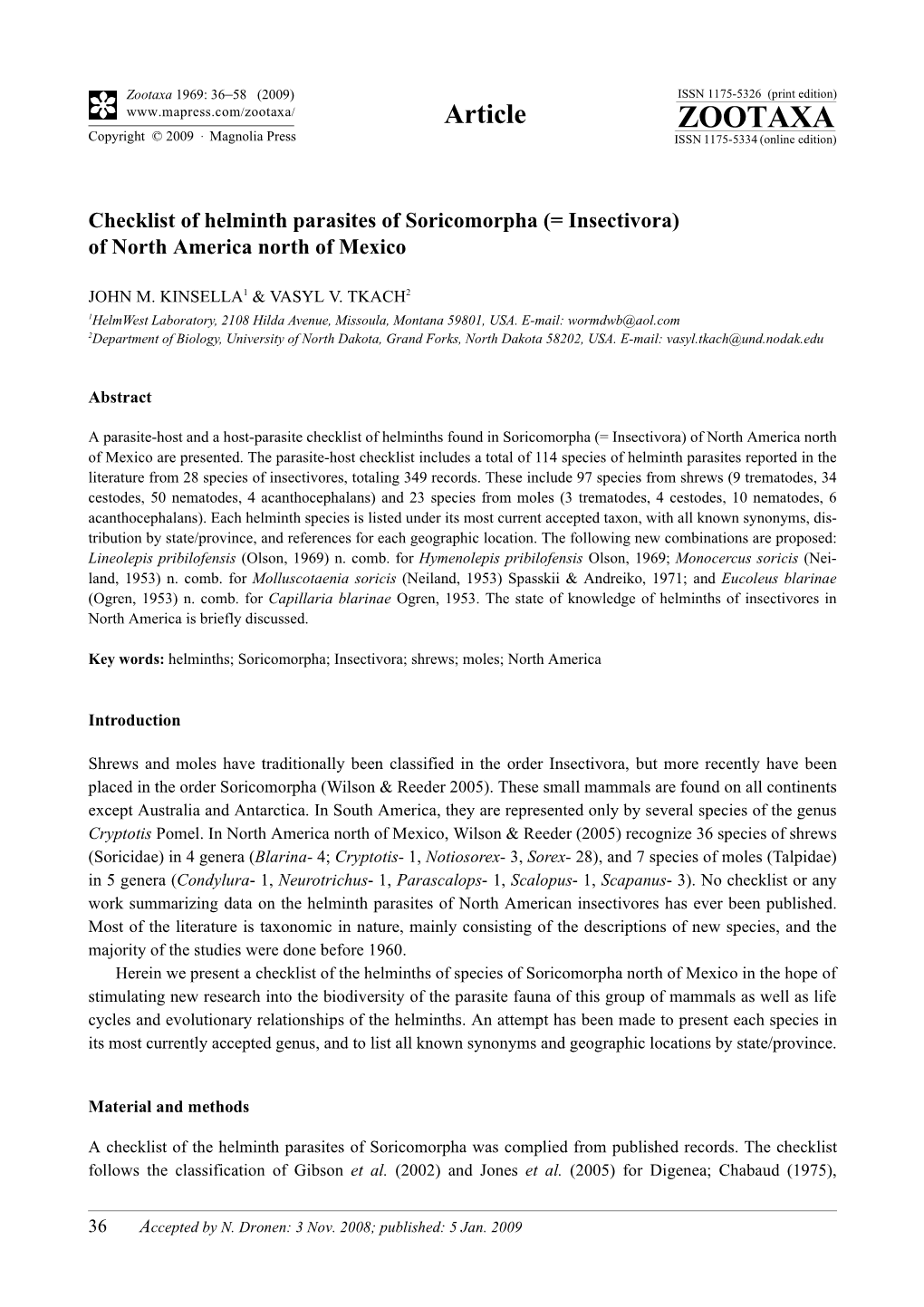 Zootaxa, Checklist of Helminth Parasites of Soricomorpha