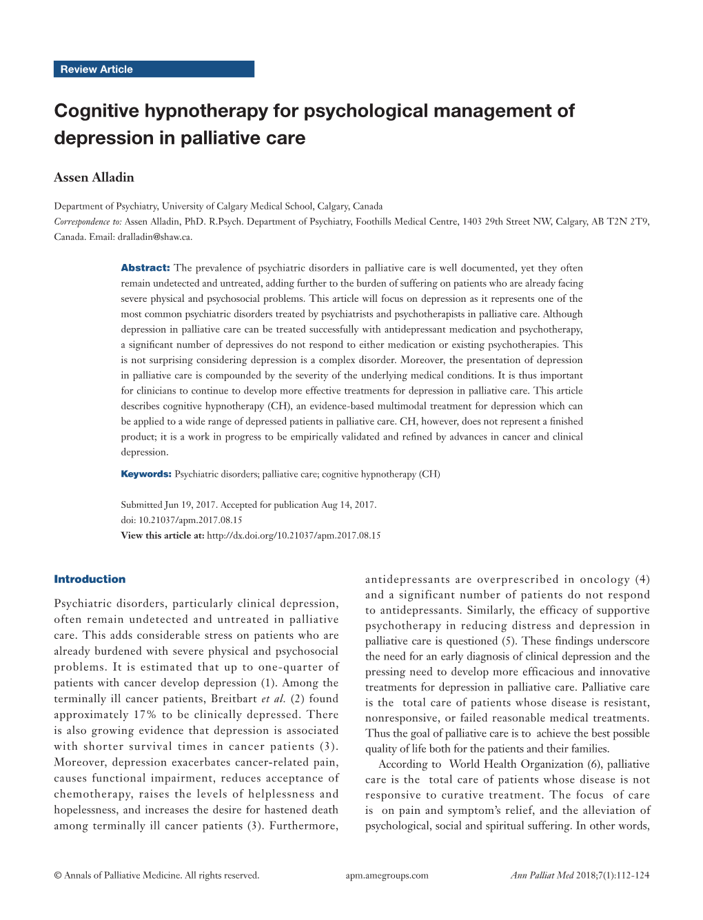 Cognitive Hypnotherapy for Psychological Management of Depression in Palliative Care