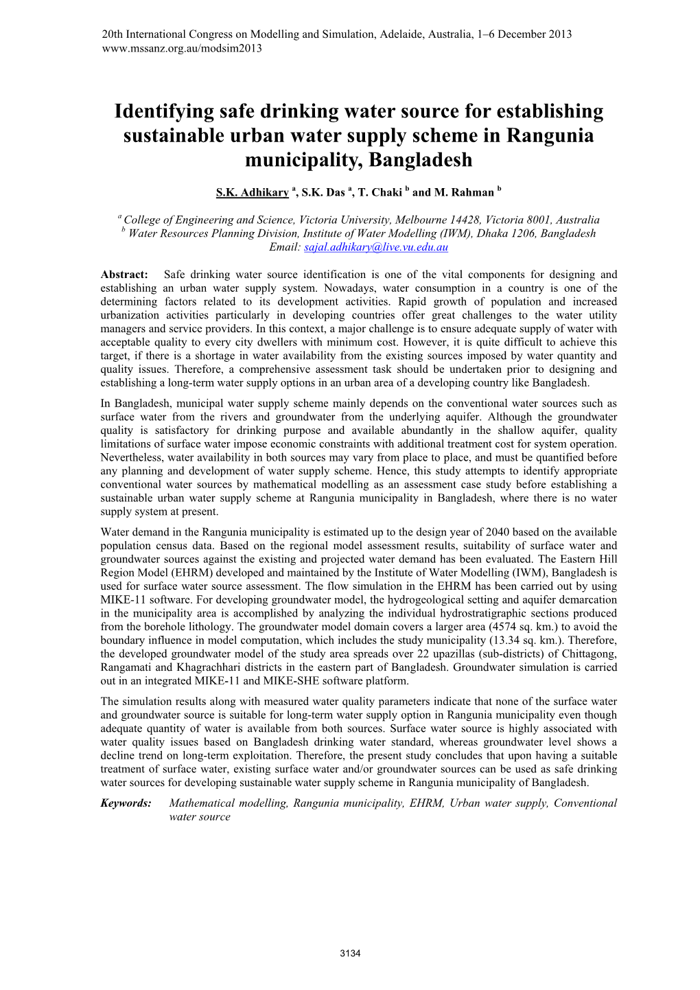 Identifying Safe Drinking Water Source for Establishing Sustainable Urban Water Supply Scheme in Rangunia Municipality, Bangladesh