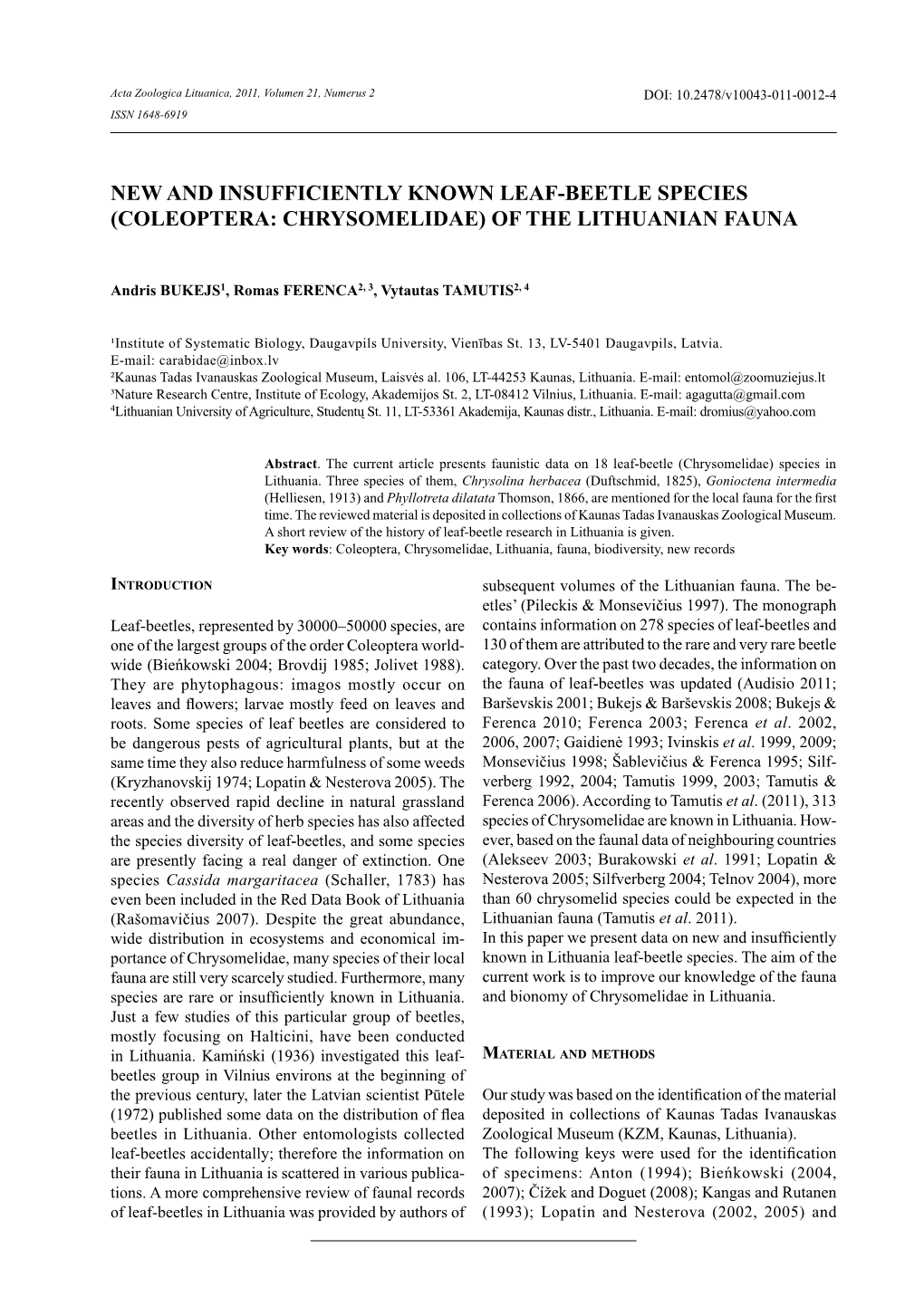 New and Insufficiently Known Leaf-Beetle Species (Coleoptera: Chrysomelidae) of the Lithuanian Fauna