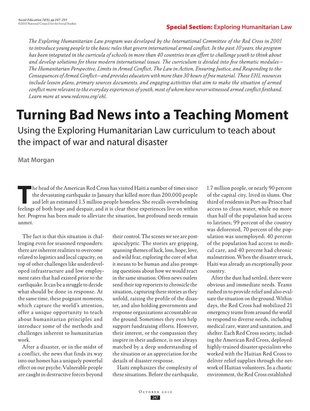 Turning Bad News Into a Teaching Moment Using the Exploring Humanitarian Law Curriculum to Teach About the Impact of War and Natural Disaster