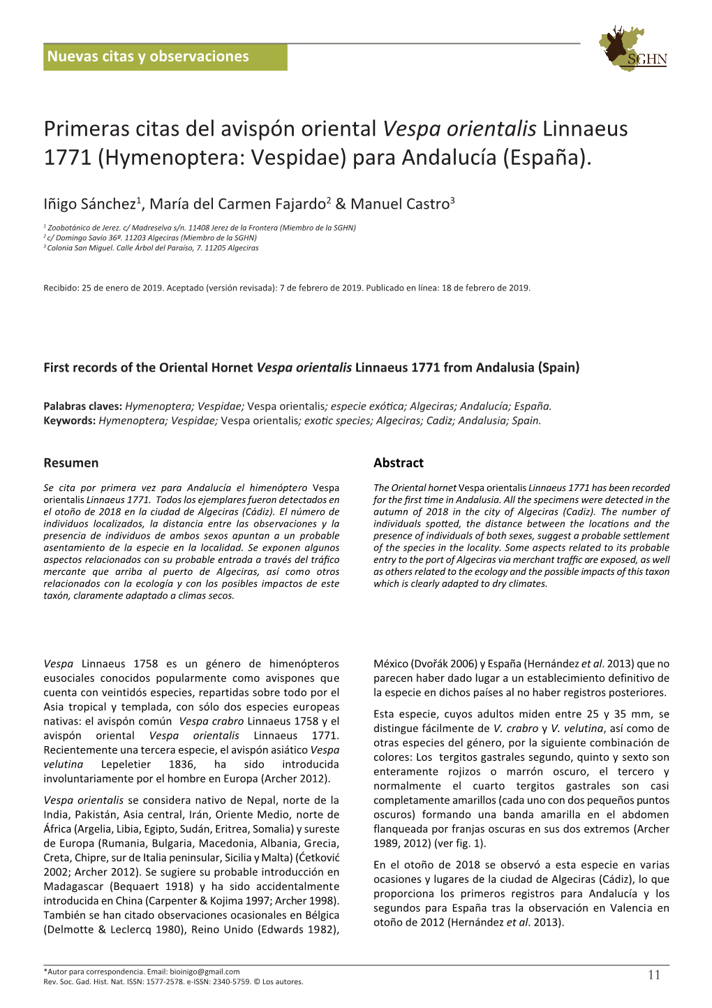 Vespa Orientalis Linnaeus 1771 (Hymenoptera: Vespidae) Para Andalucía (España)