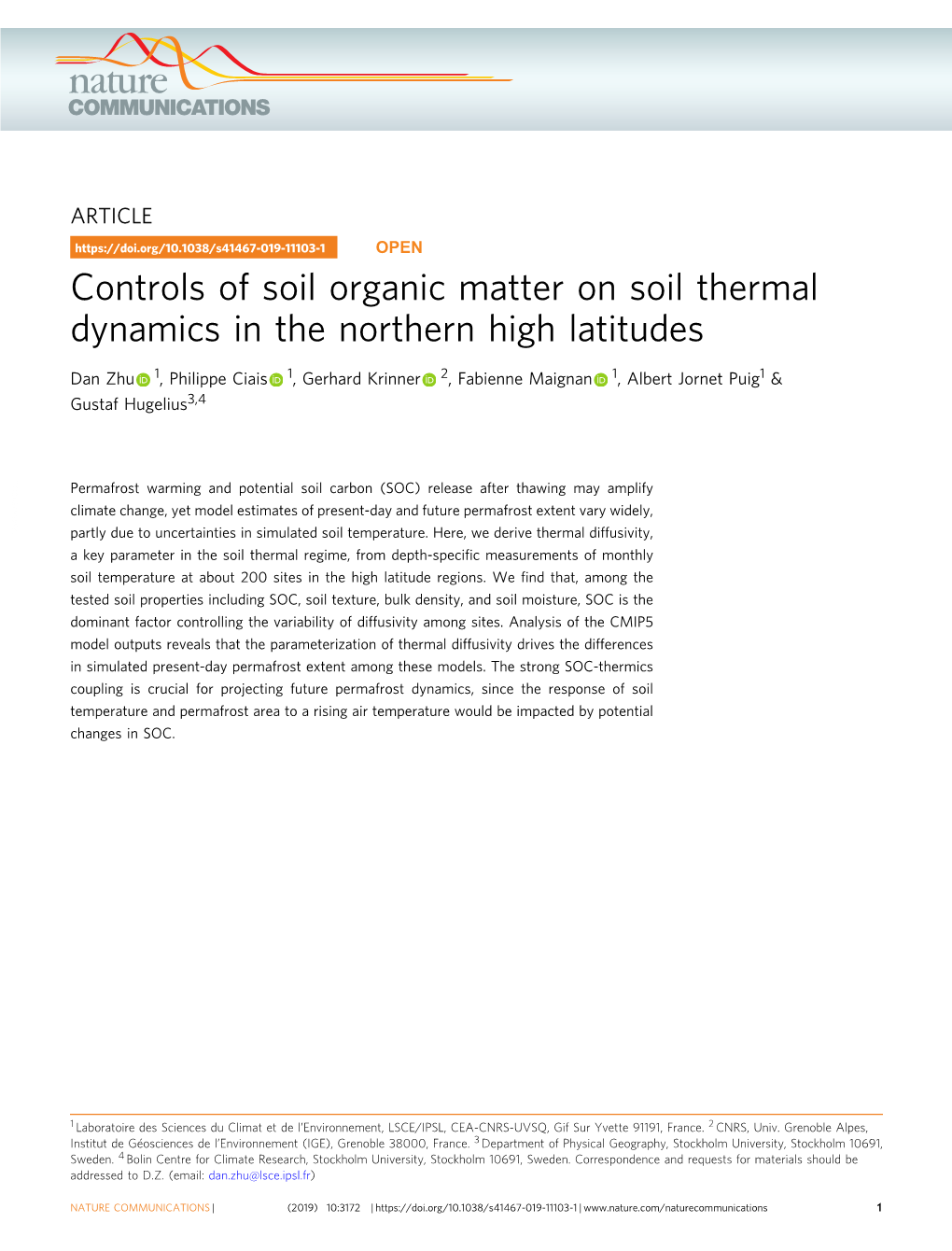 Controls of Soil Organic Matter on Soil Thermal Dynamics in the Northern High Latitudes