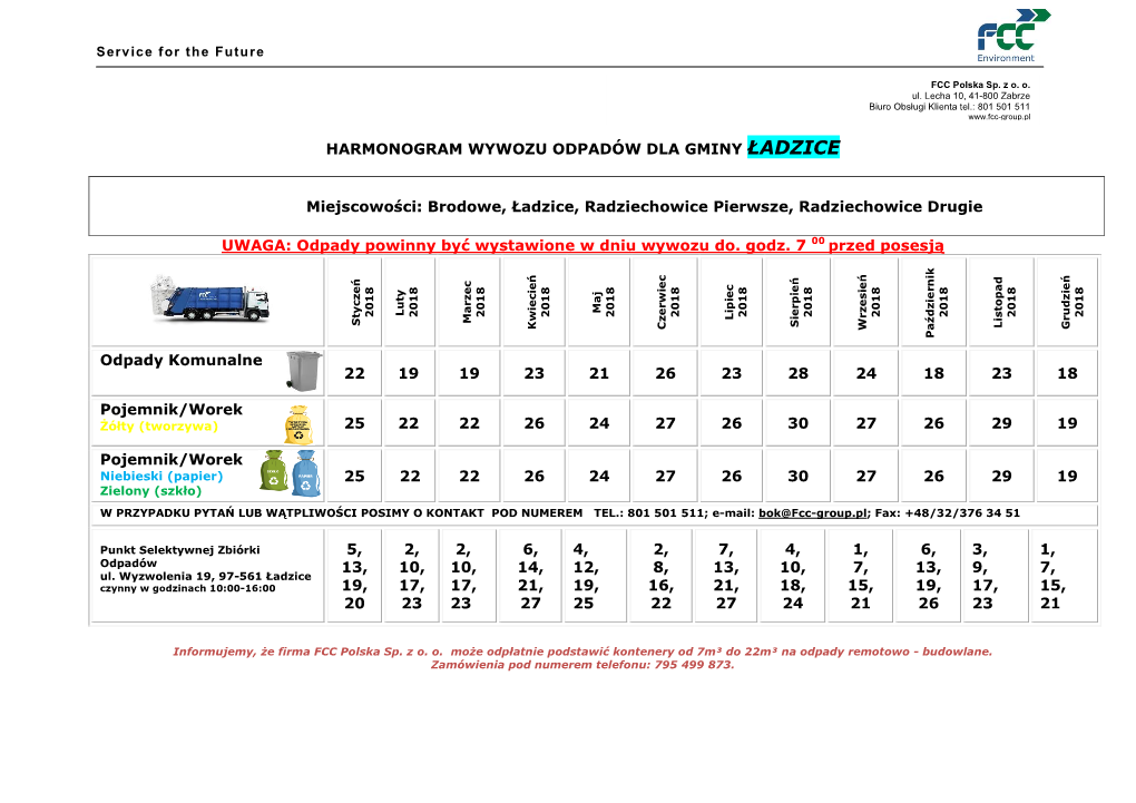 Harmonogram Odbioru Odpadów W Gminie Ładzice W 2018R