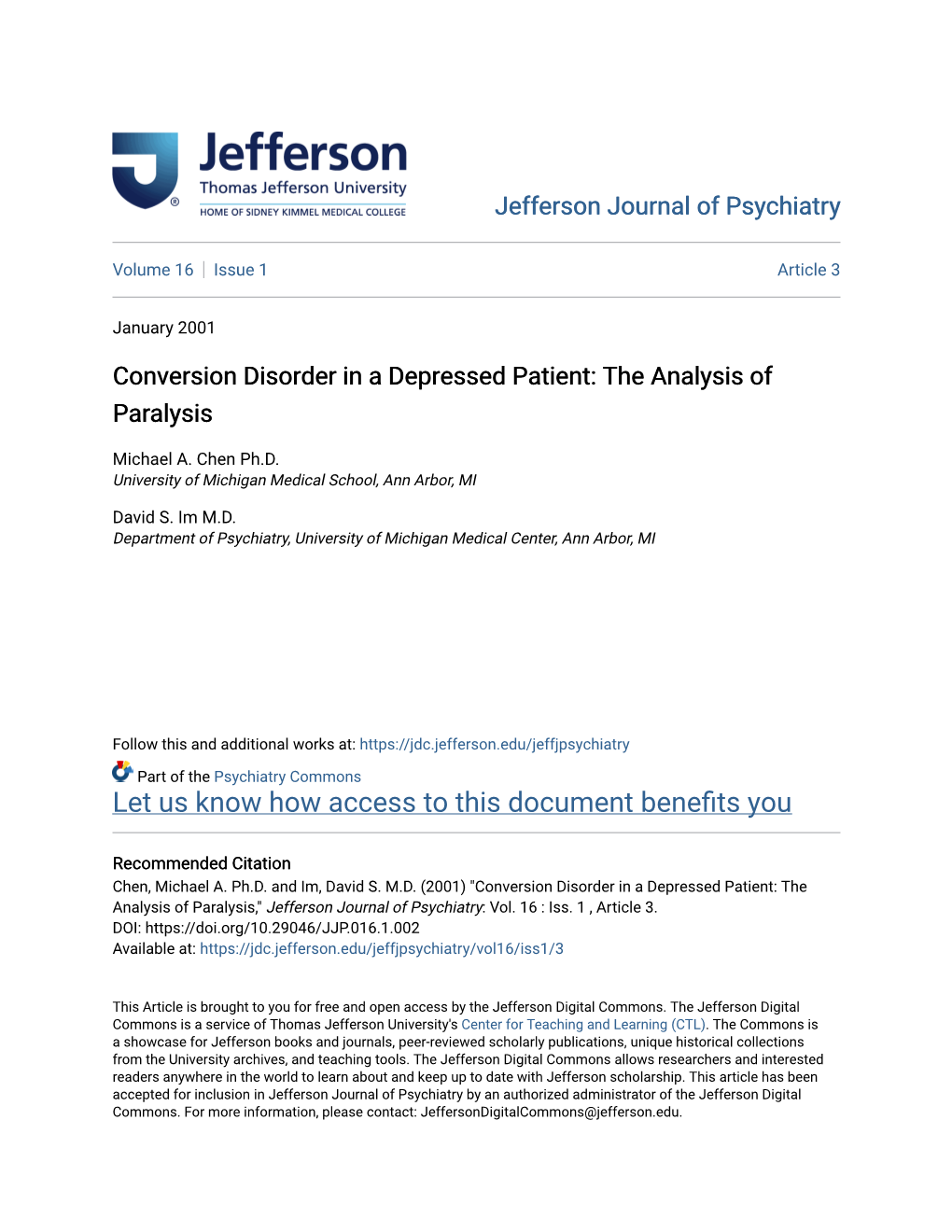Conversion Disorder in a Depressed Patient: the Analysis of Paralysis