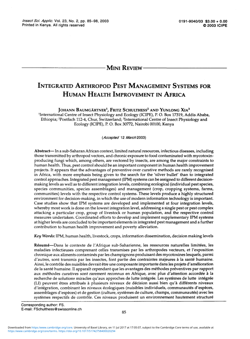 Integrated Arthropod Pest Management Systems for Human Health Improvement in Africa