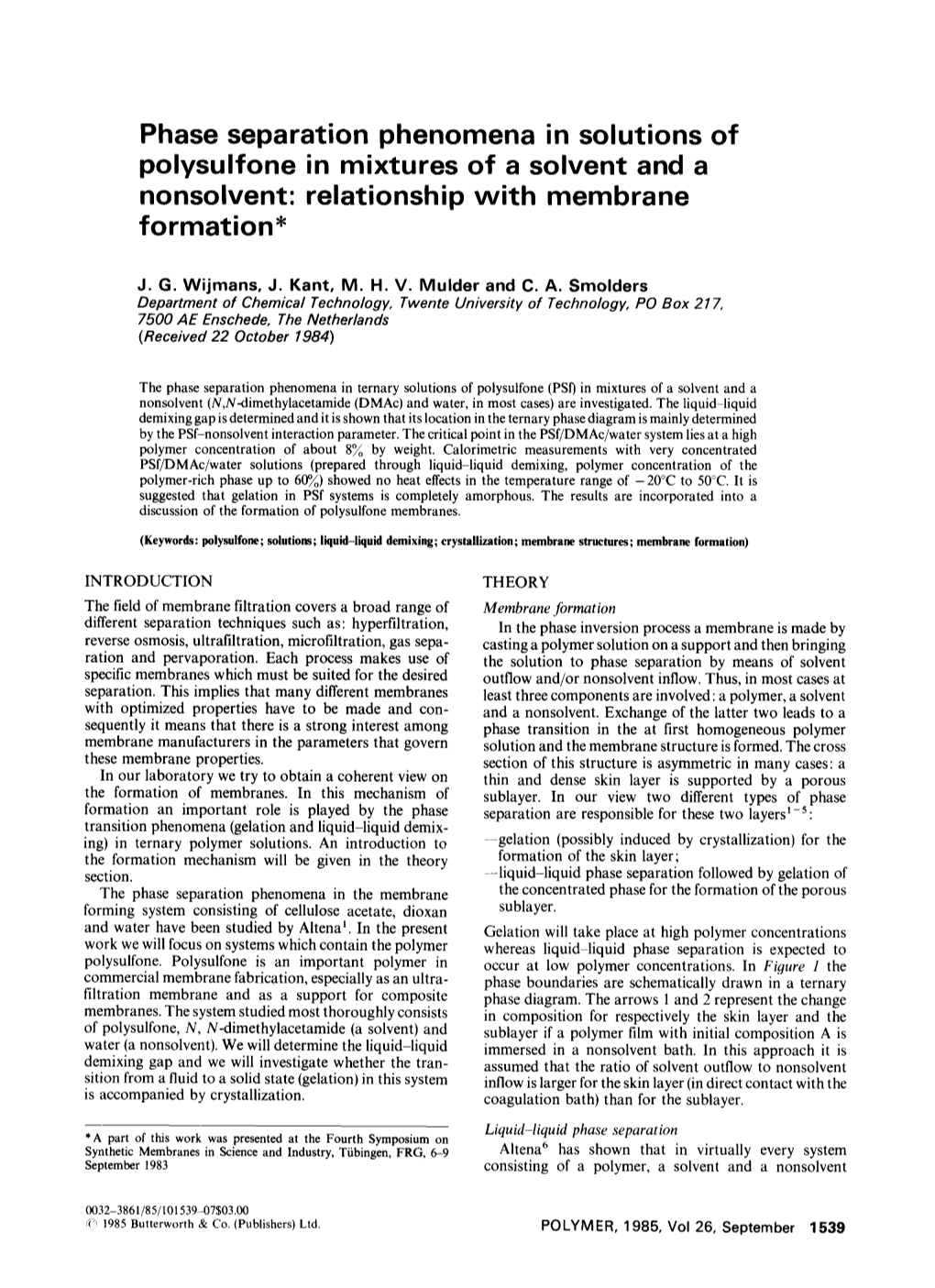 Phase Separation Phenomena in Solutions of Polysulfone in Mixtures of a Solvent and a Nonsolvent: Relationship with Membrane Formation*