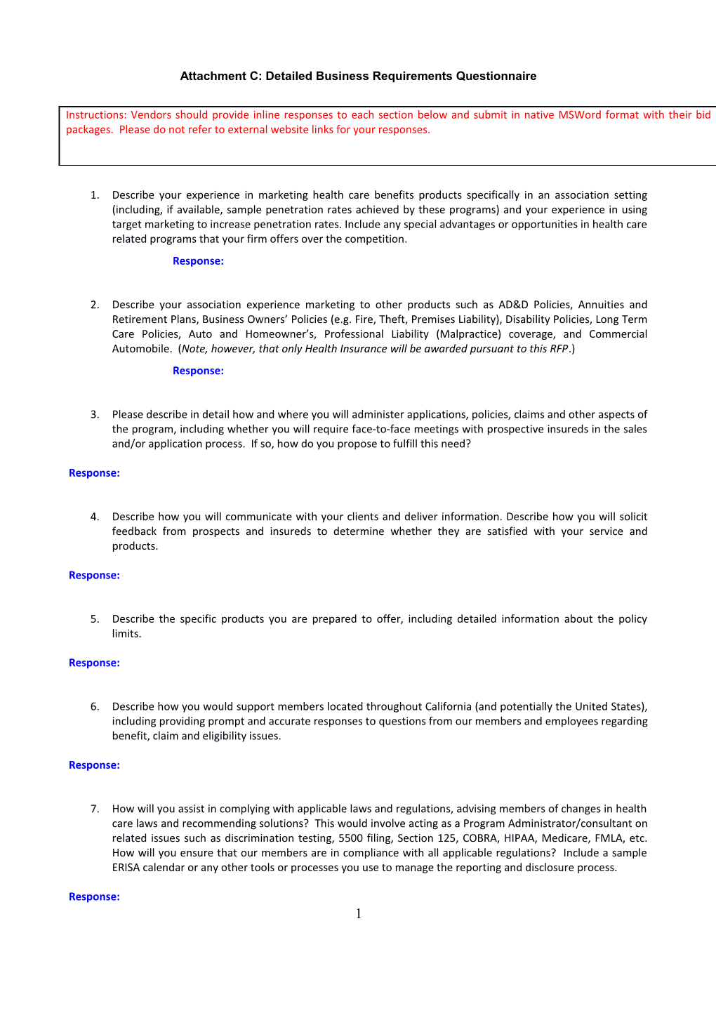 Attachment C: Detailed Business Requirements Questionnaire