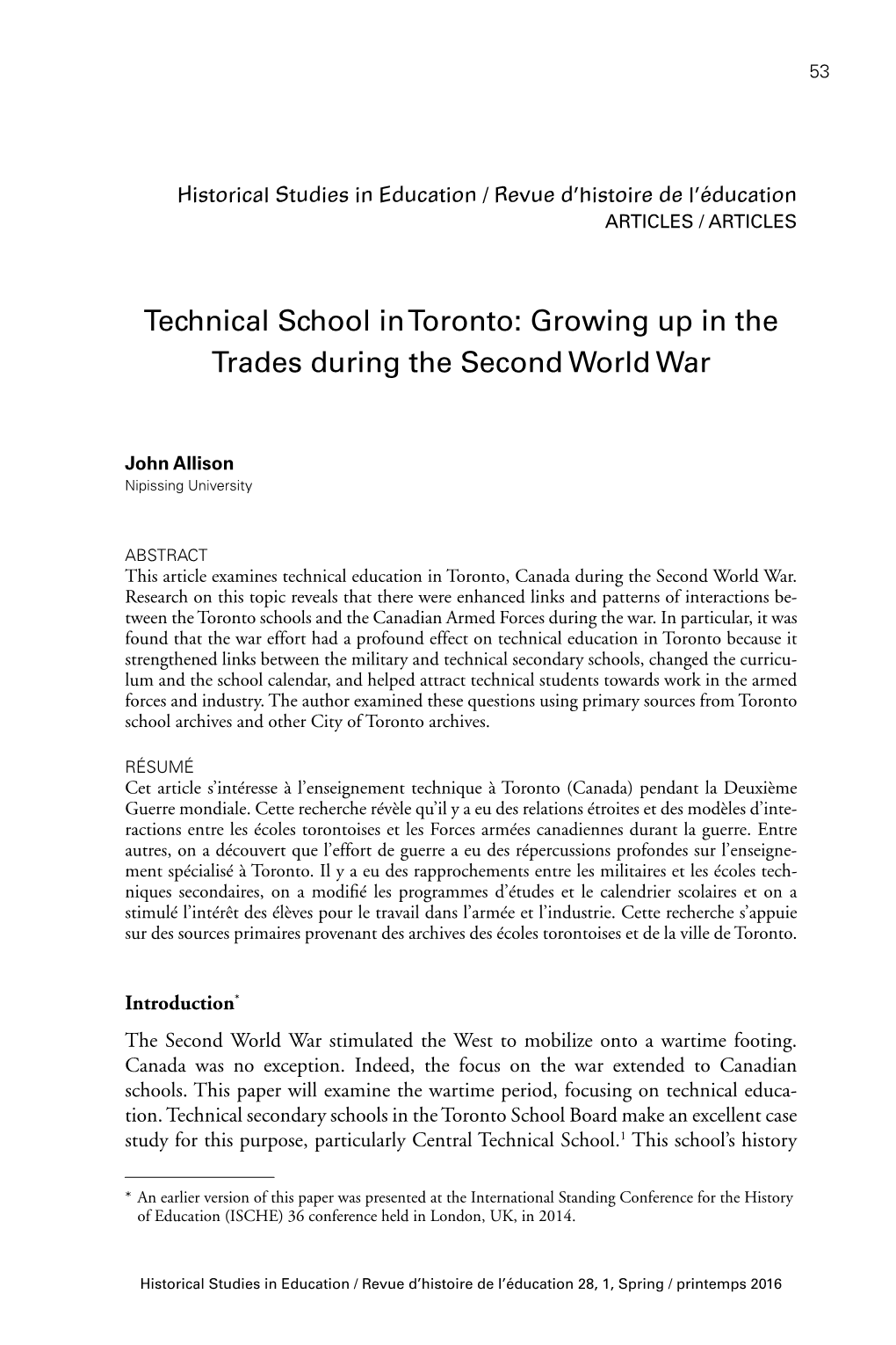 Technical School in Toronto: Growing up in the Trades During the Second World War