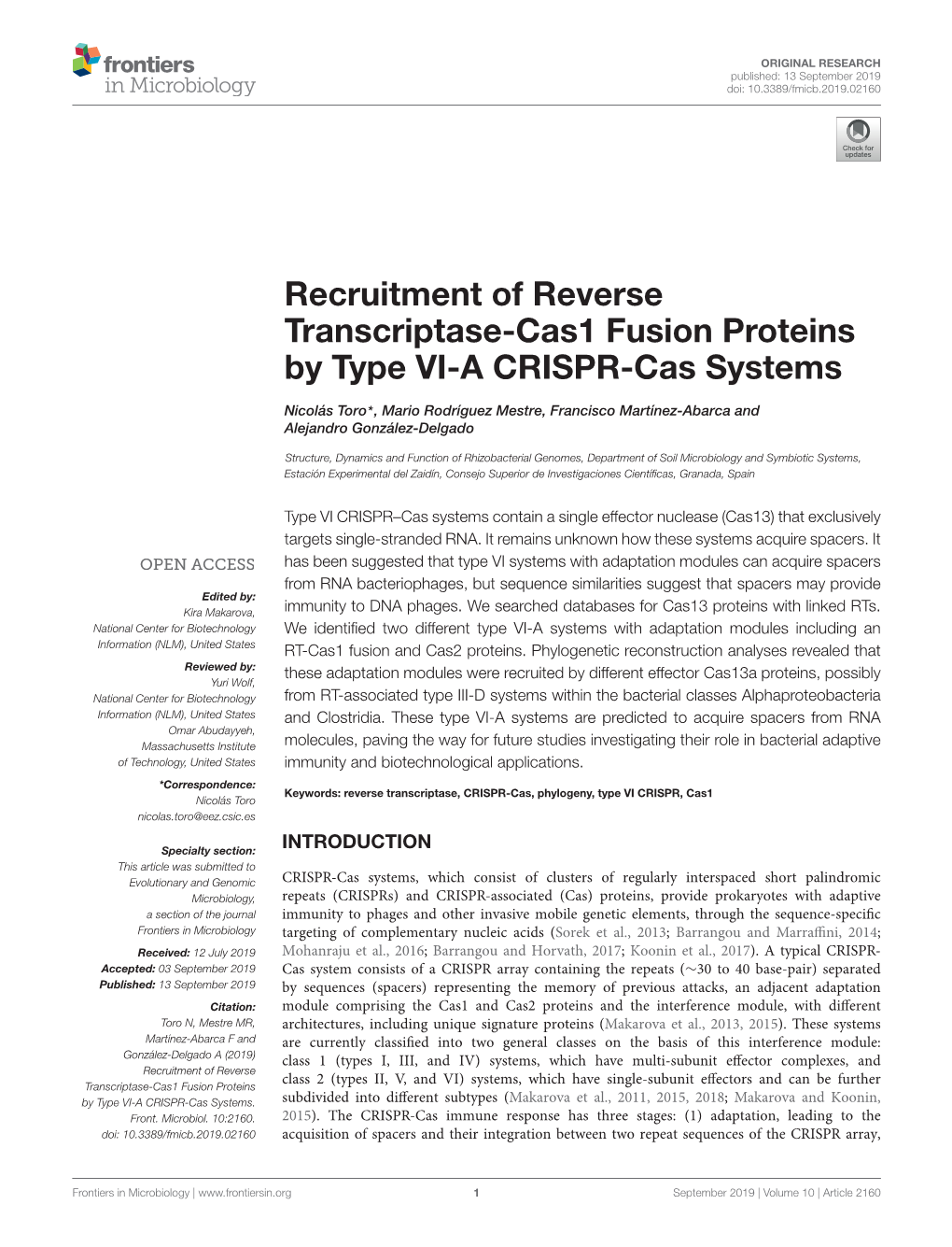 Recruitment of Reverse Transcriptase-Cas1 Fusion Proteins by Type VI-A CRISPR-Cas Systems
