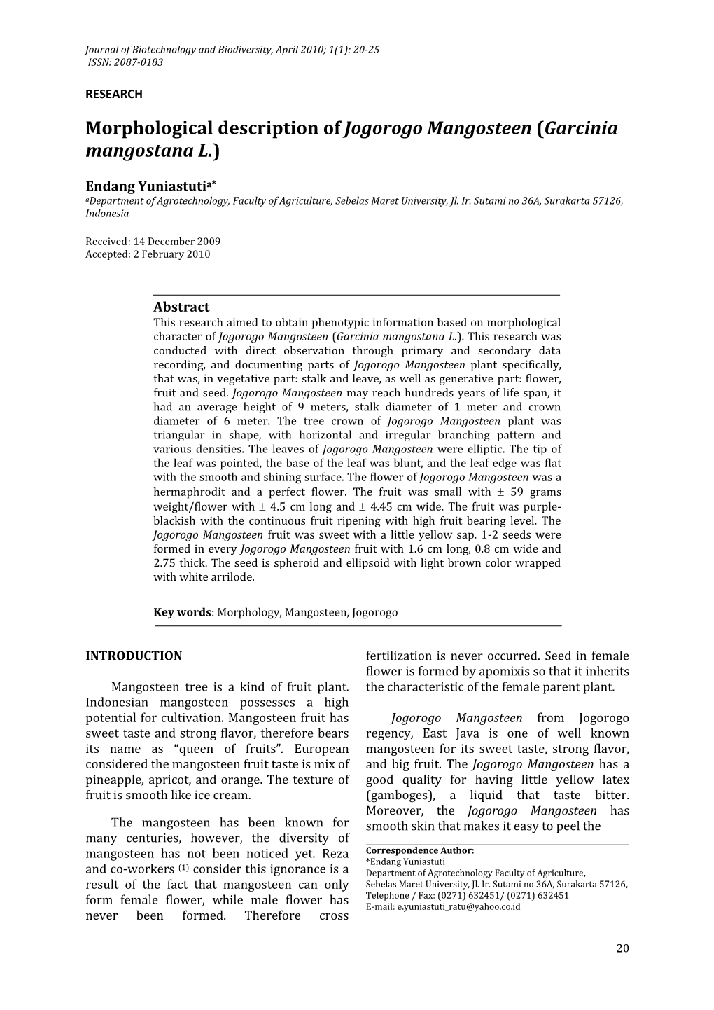 Morphological Description of Jogorogo Mangosteen (Garcinia Mangostana L.)