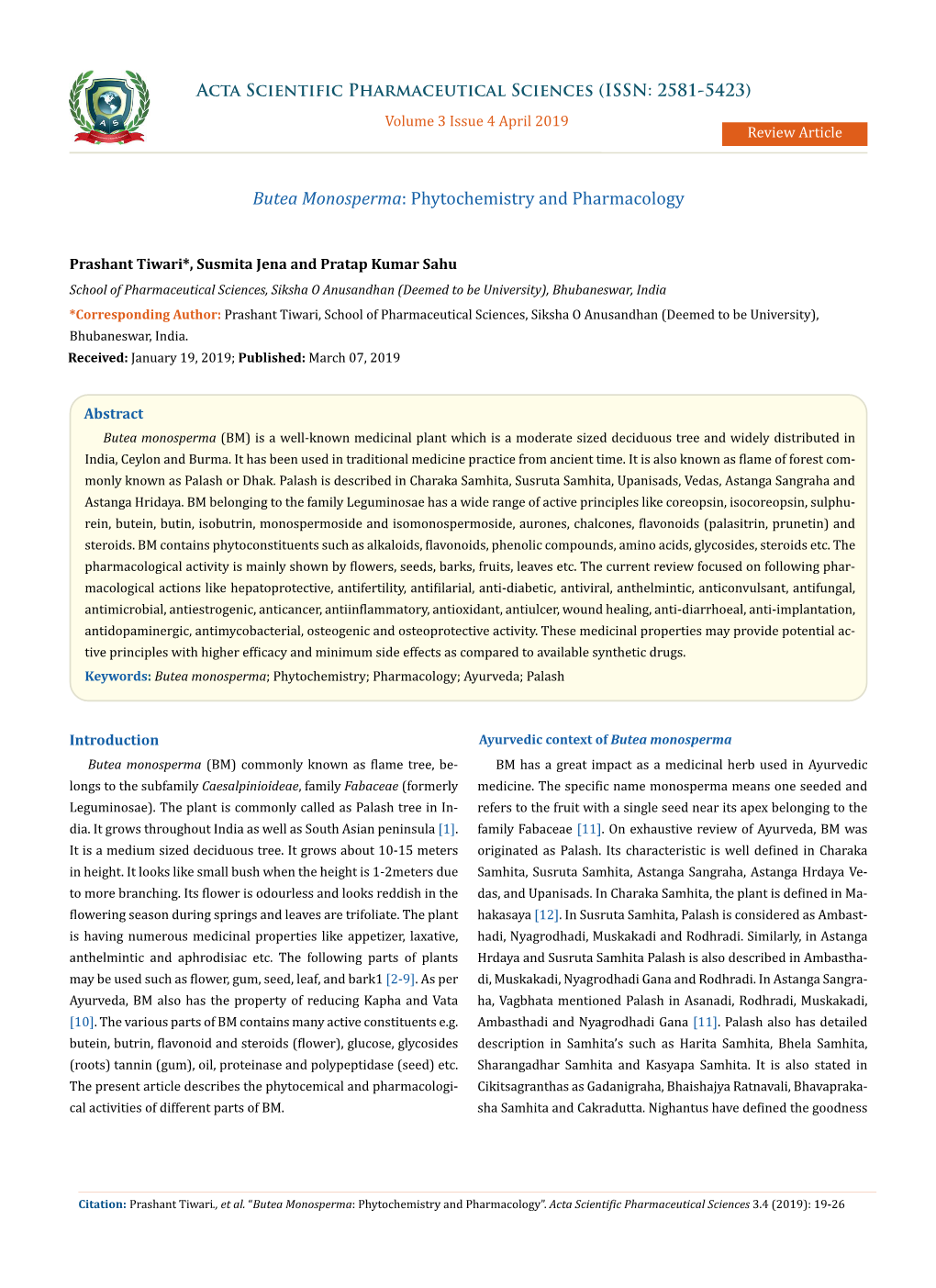 Butea Monosperma: Phytochemistry and Pharmacology