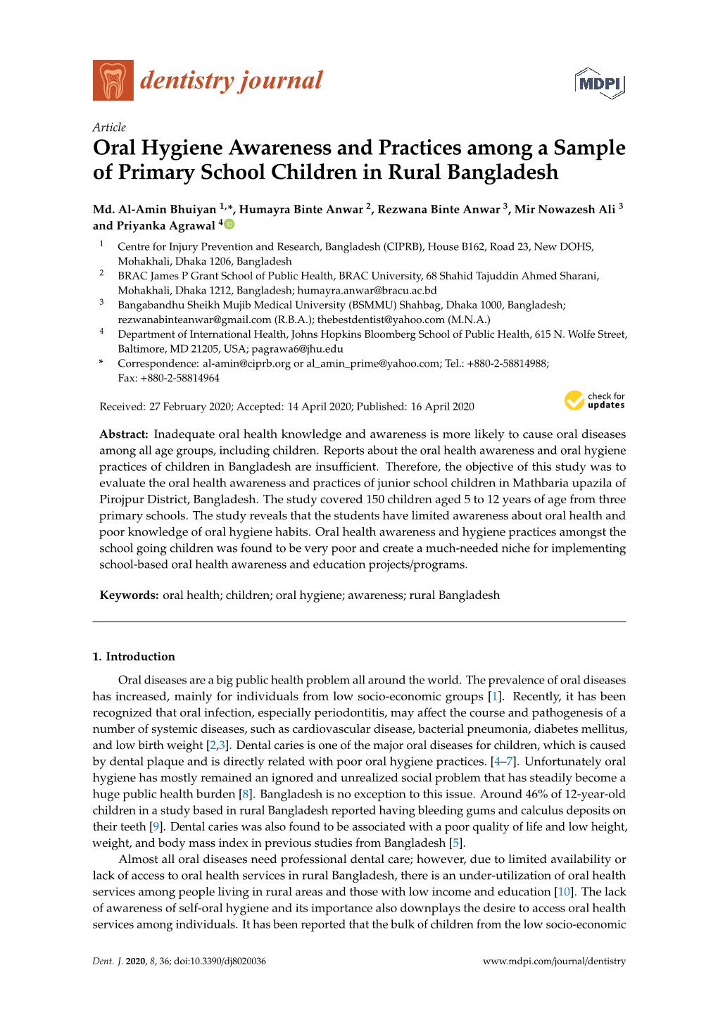 Oral Hygiene Awareness and Practices Among a Sample of Primary School Children in Rural Bangladesh