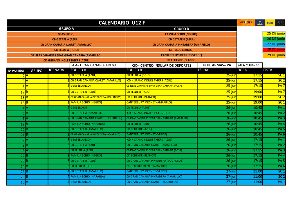 Calendario U12 F