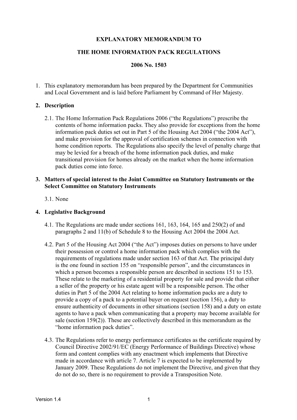 Explanatory Memorandum to the Home Information Pack