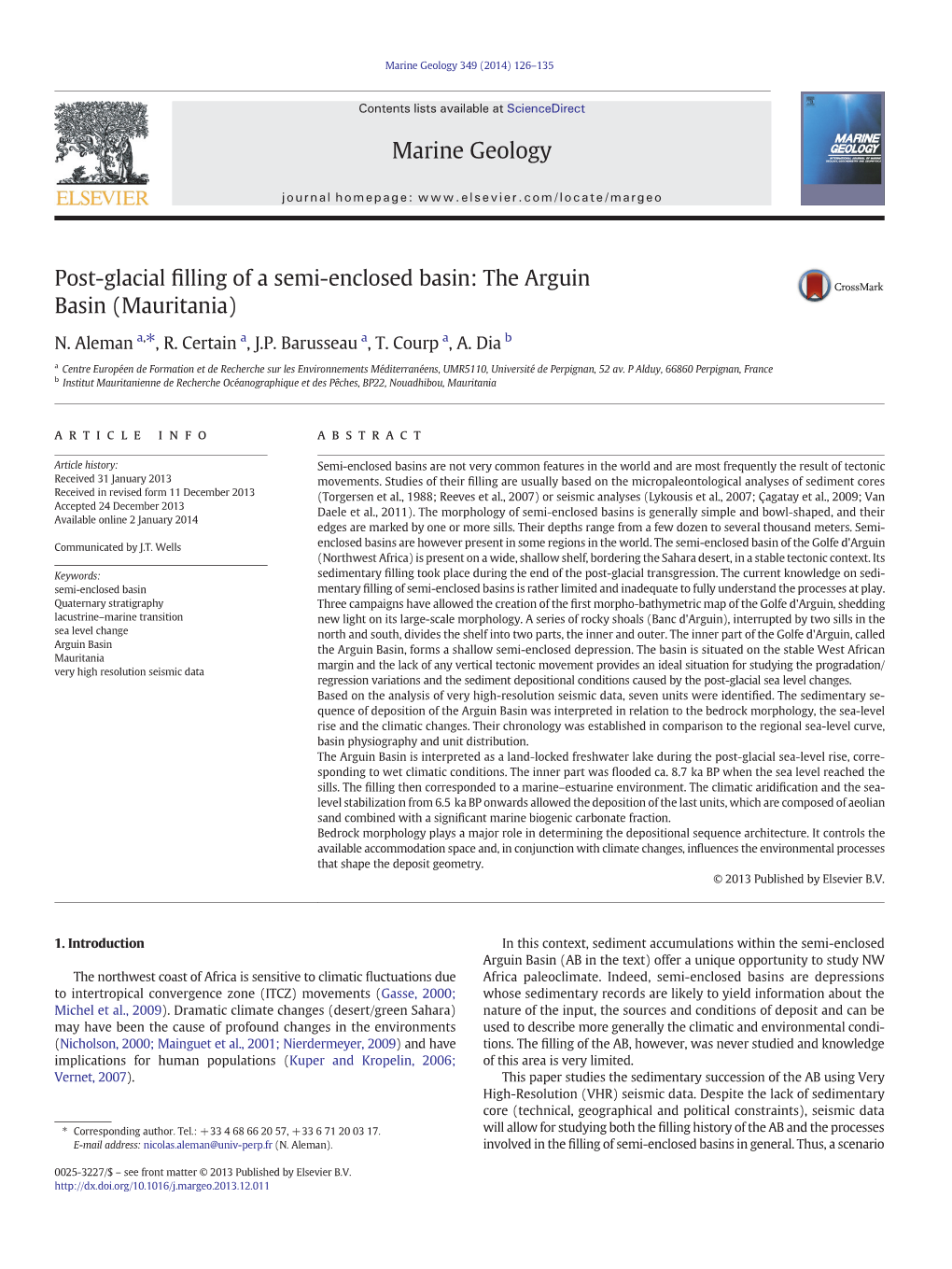 Post-Glacial Filling of a Semi-Enclosed Basin: the Arguin Basin (Mauritania)